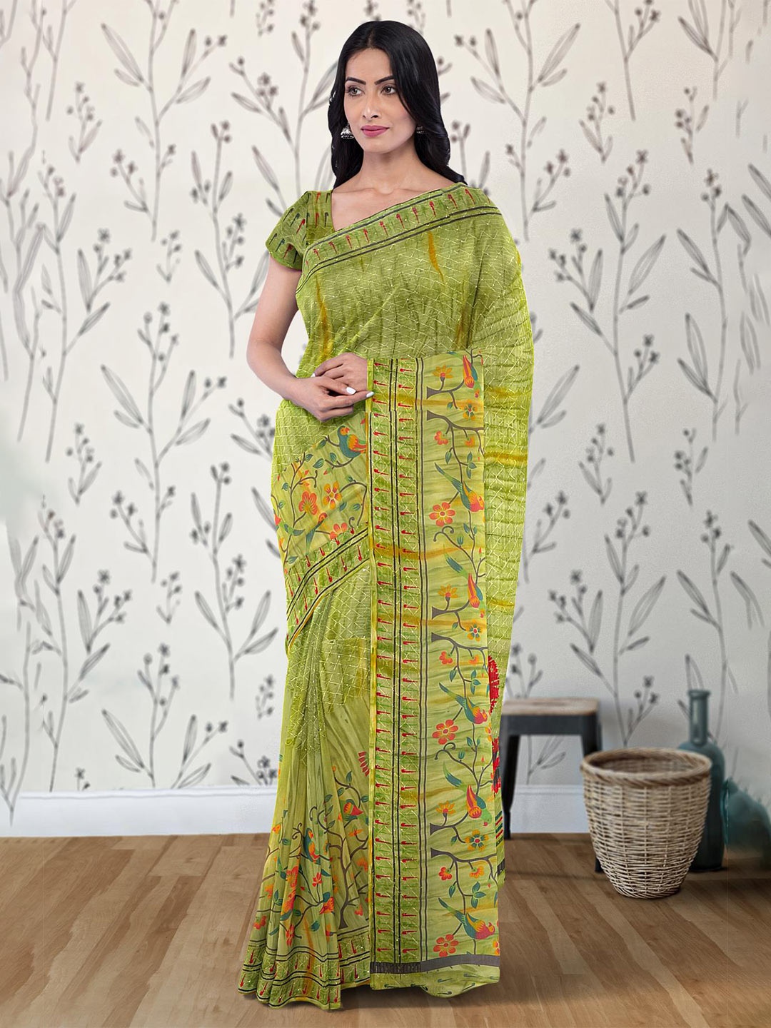 

Kalamandir Geometric Printed Poly Georgette Saree, Green