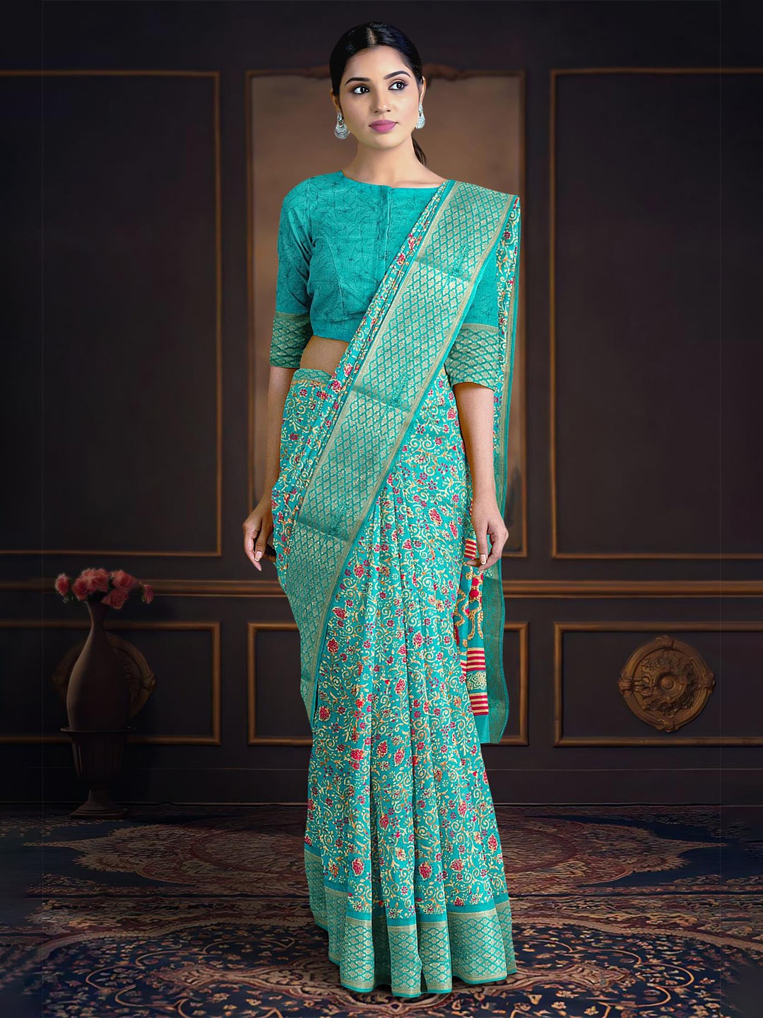 

Kalamandir Floral Printed Zari Saree, Blue