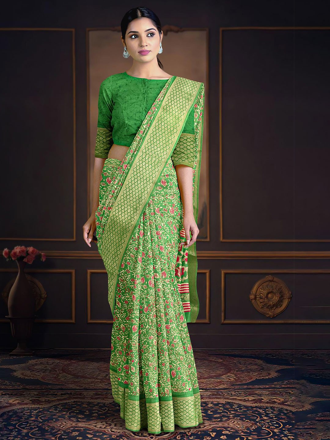 

Kalamandir Floral Printed Zari Saree, Green