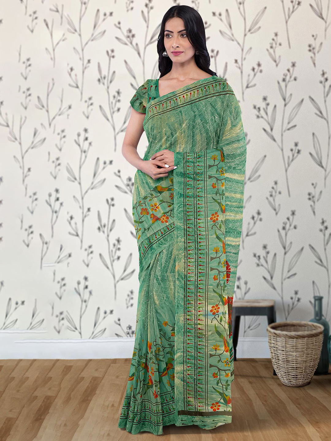 

Kalamandir Floral Printed Poly Georgette Saree, Green