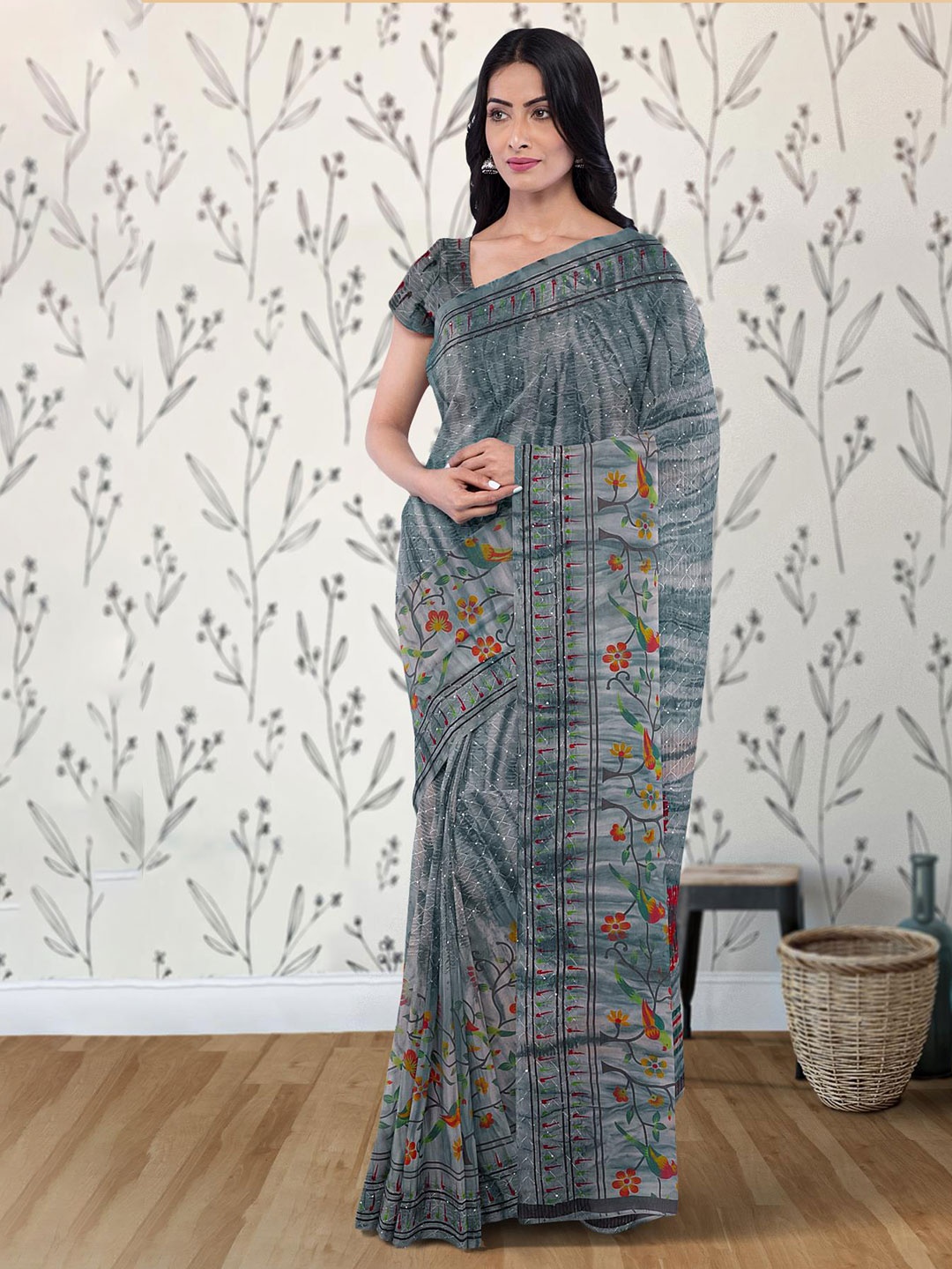 

Kalamandir Floral Printed Embellished Georgette Saree, Grey