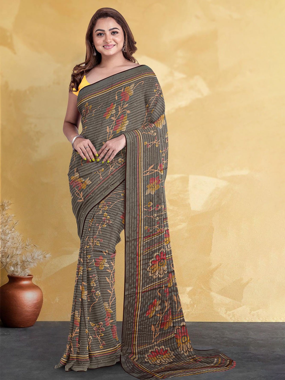 

Kalamandir Floral Printed Silk Blend Saree, Brown