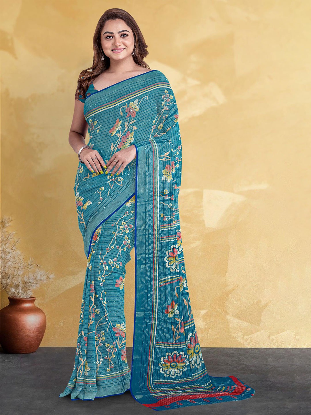 

Kalamandir Floral Printed Silk Blend Saree, Blue