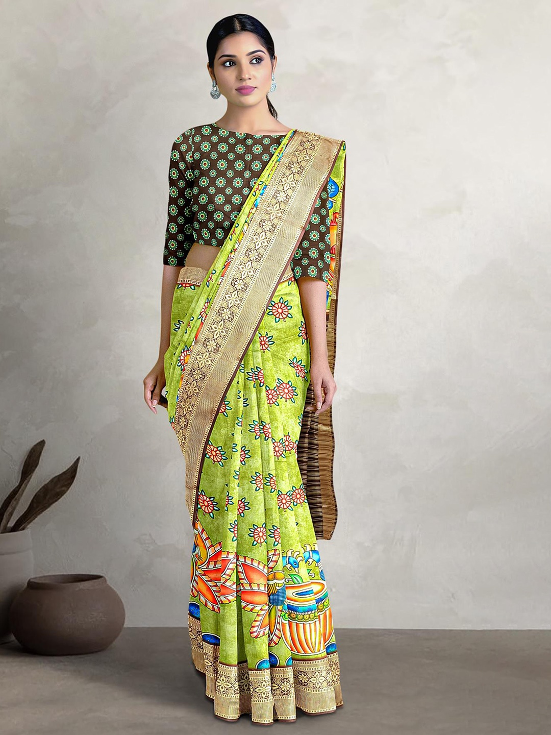 

Kalamandir Kalamkari Zari Silk Blend Saree, Olive