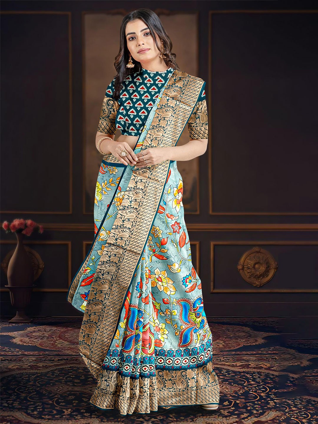 

Kalamandir Kalamkari Printed Zari Saree, Grey