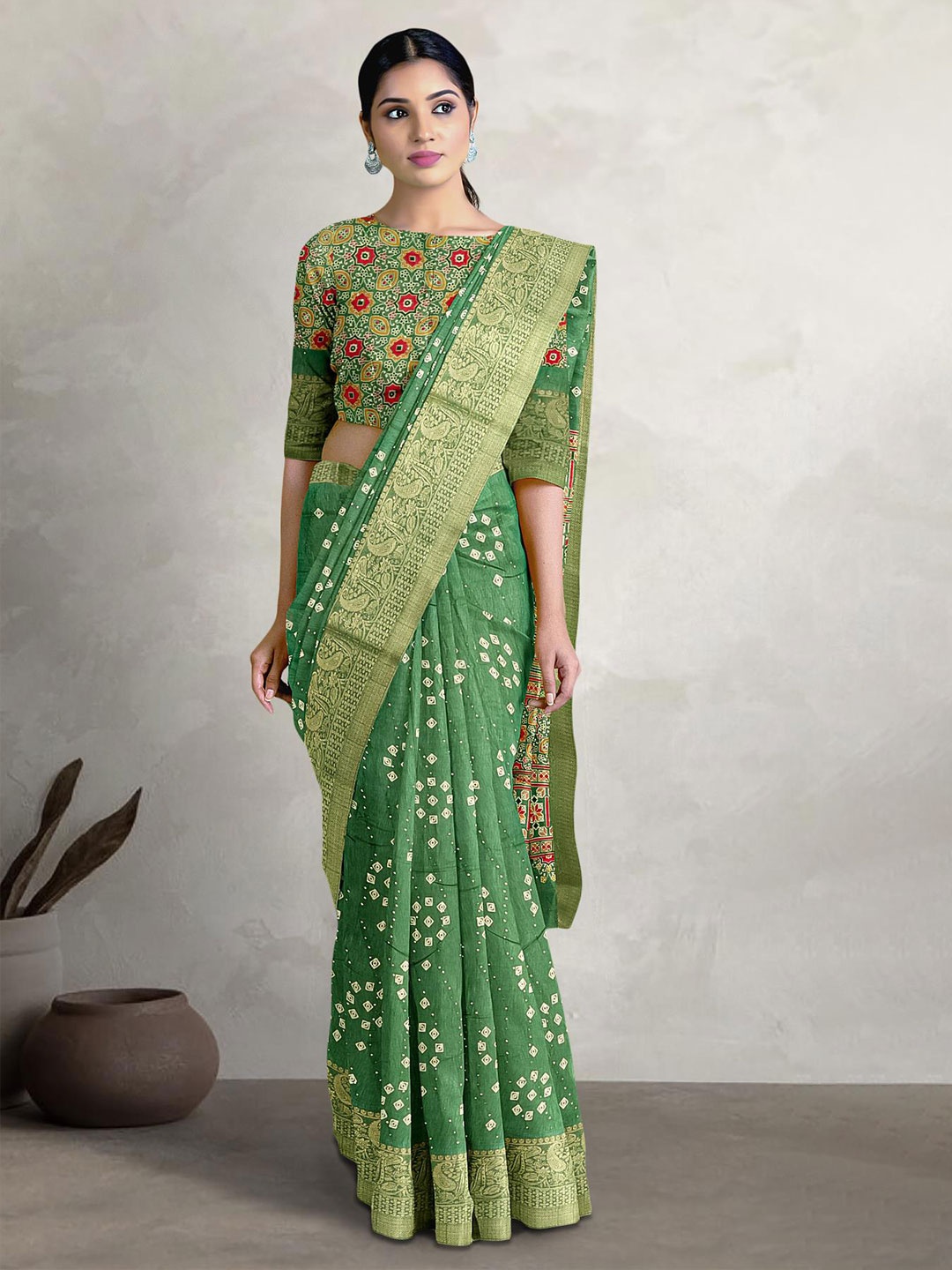 

Kalamandir Geometric Printed Zari Silk Blend Saree, Olive