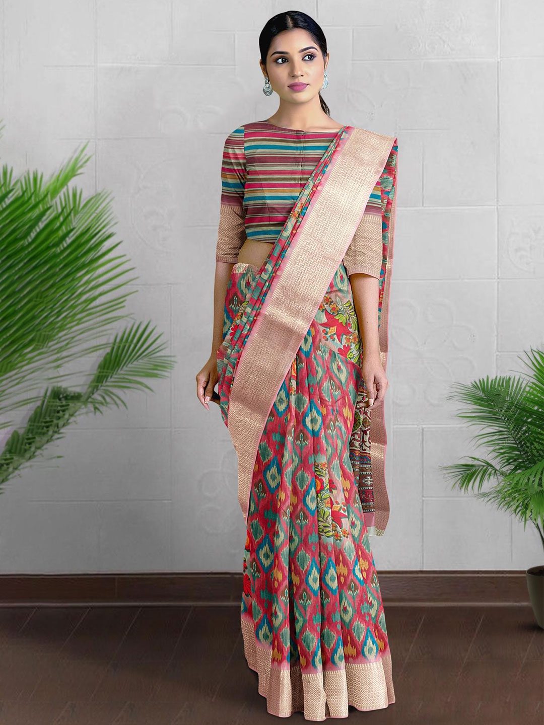 

Kalamandir Floral Printed Zari Silk Blend Saree, Pink