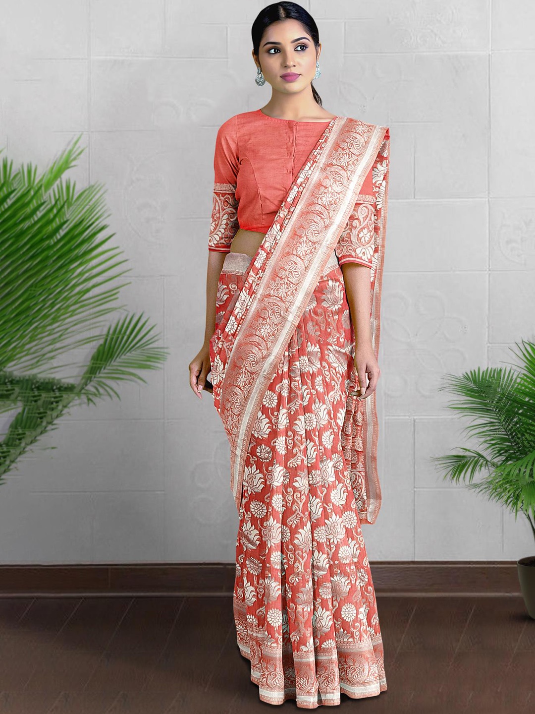 

Kalamandir Floral Woven Design Saree, Coral