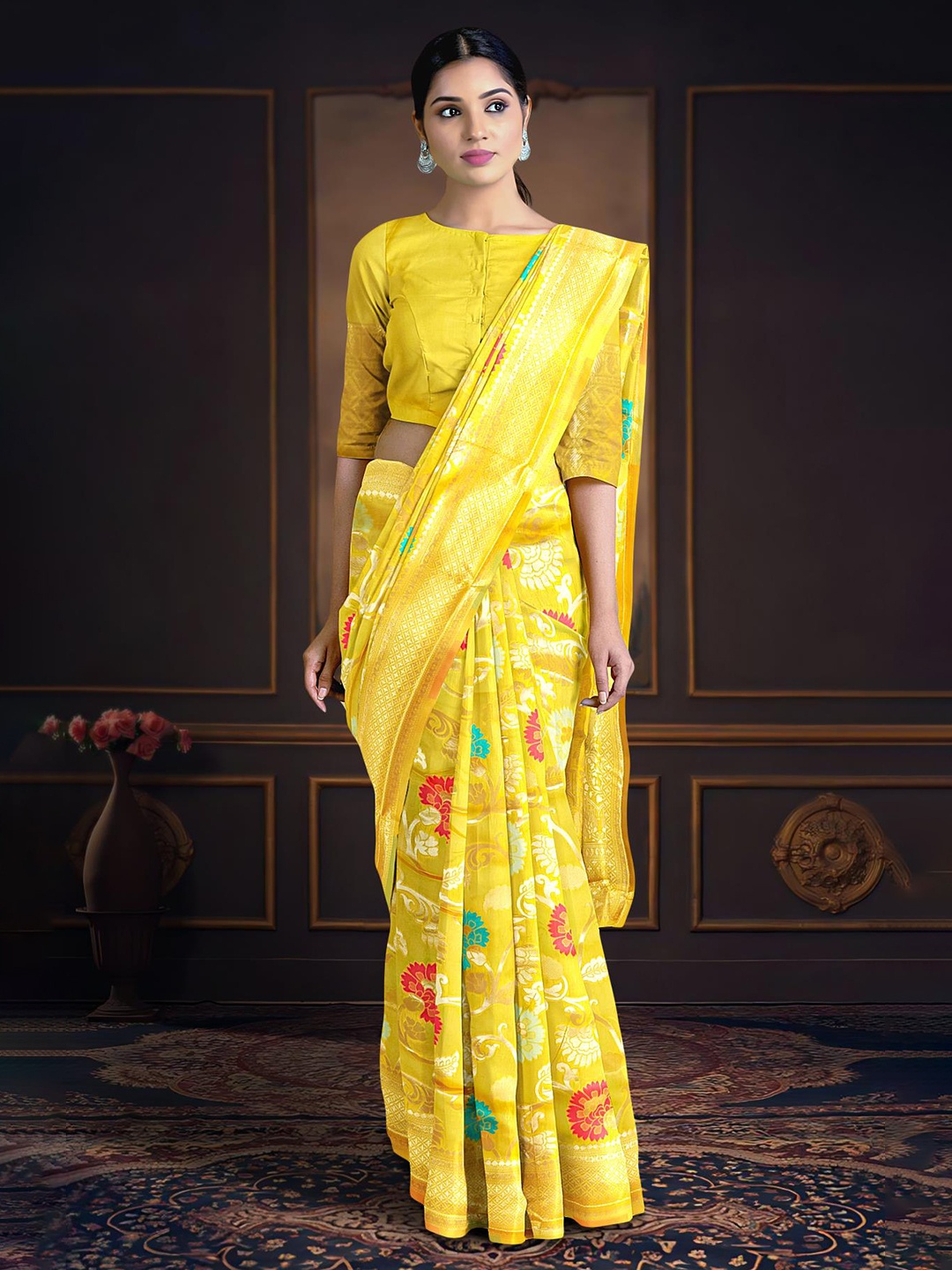 

Kalamandir Floral Woven Design Zari Saree, Yellow
