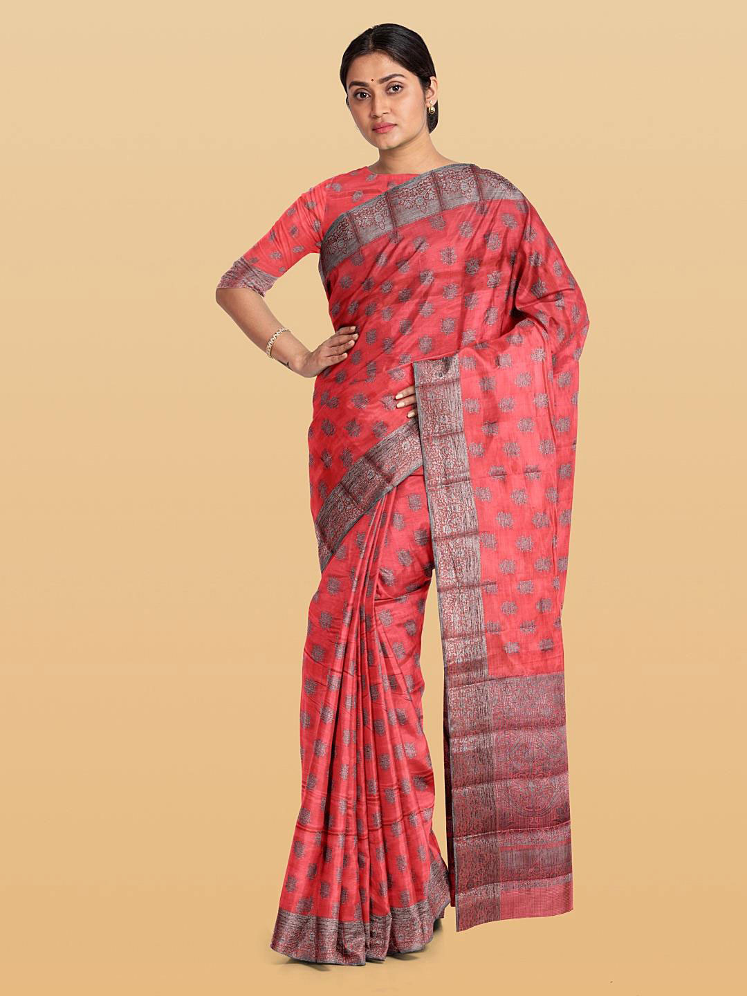 

Kalamandir Floral Woven Design Silk Blend Saree, Coral