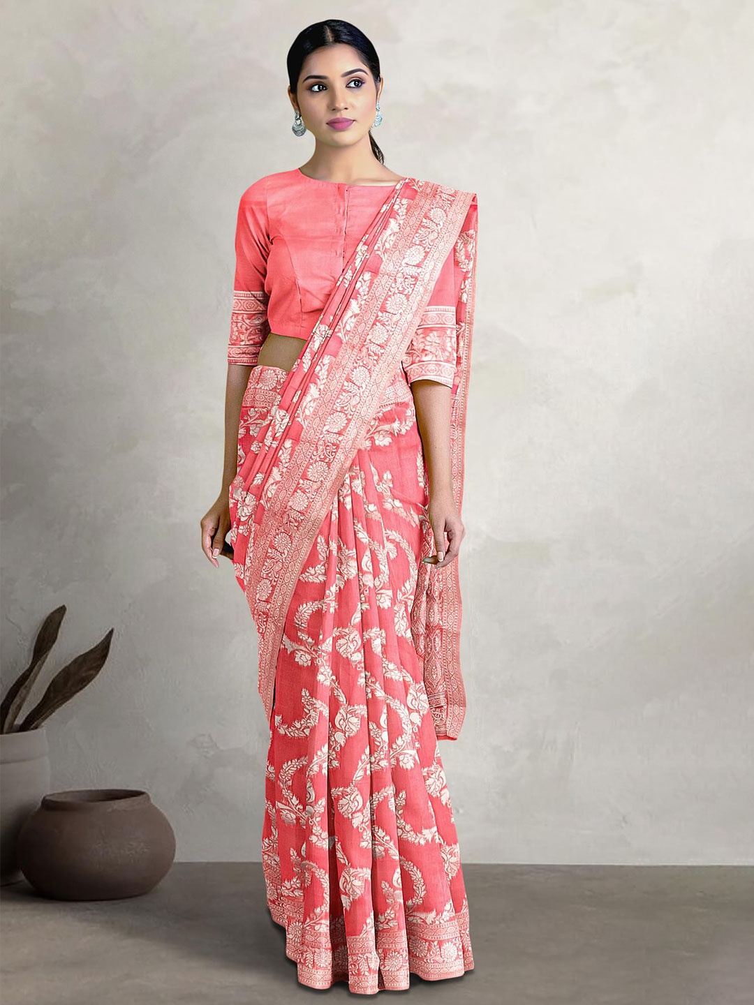 

Kalamandir Floral Woven Design Zari Saree, Coral