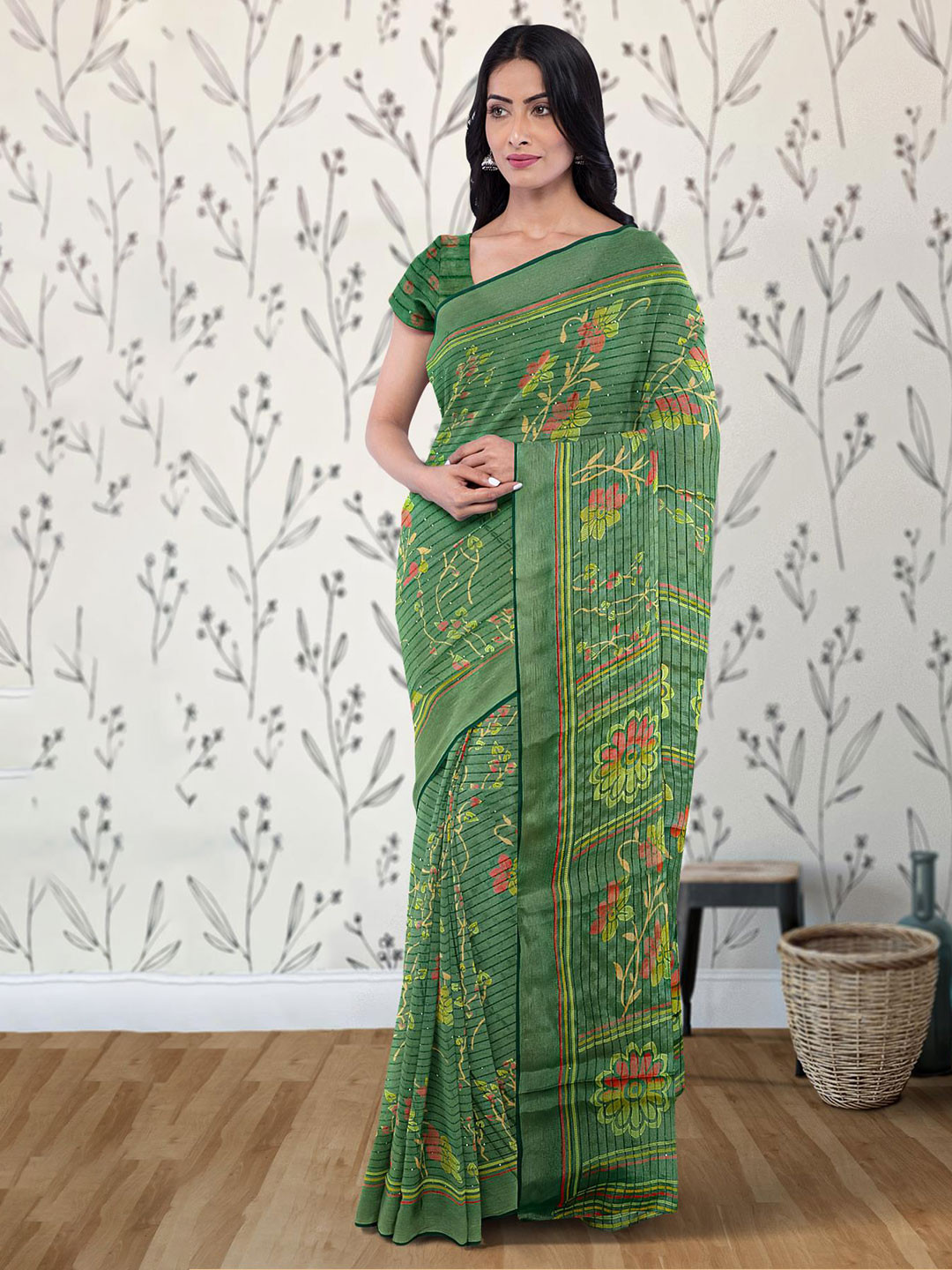 

Kalamandir Floral Printed Silk Blend Saree, Green