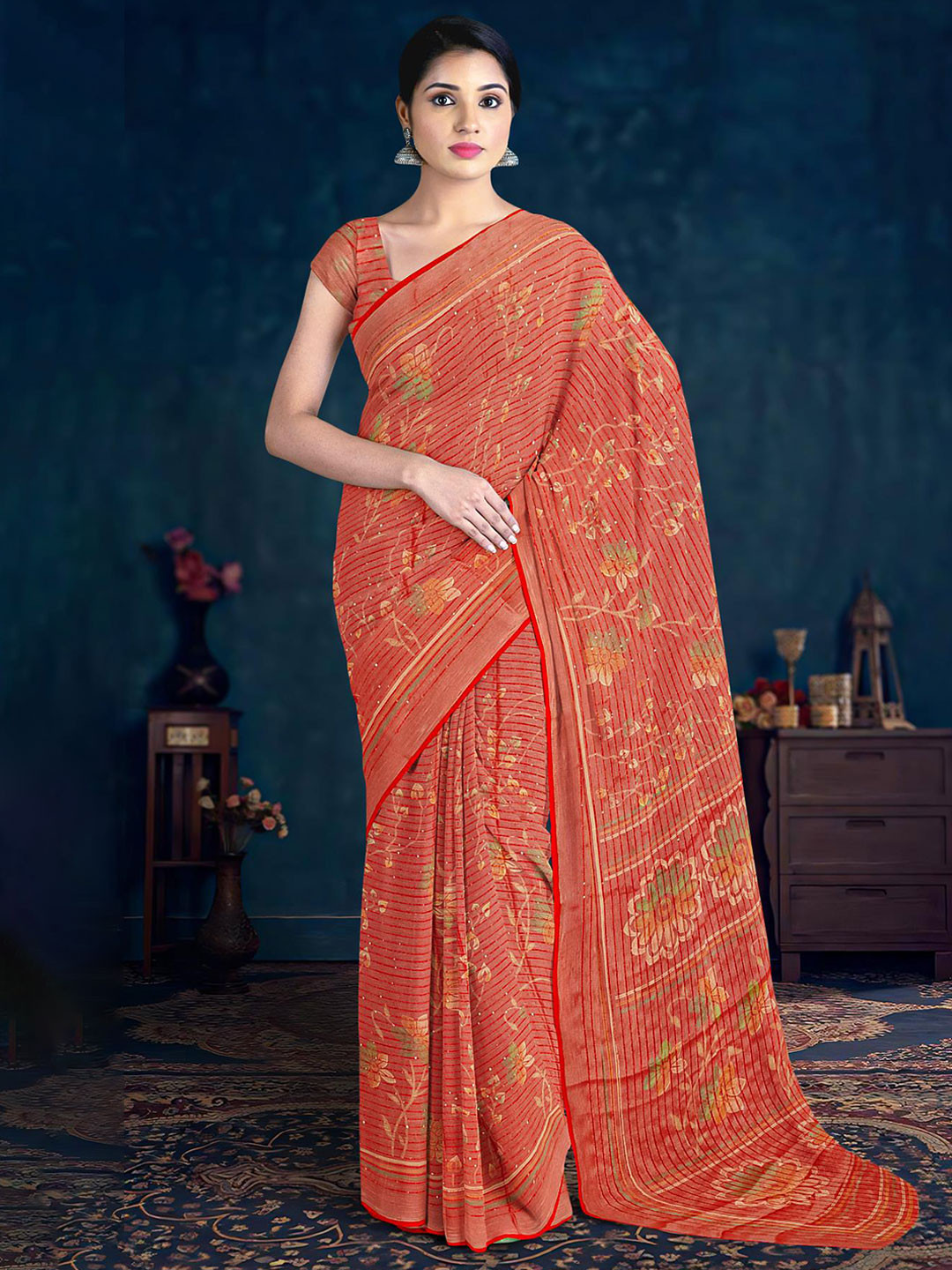 

Kalamandir Floral Printed Silk Blend Saree, Red