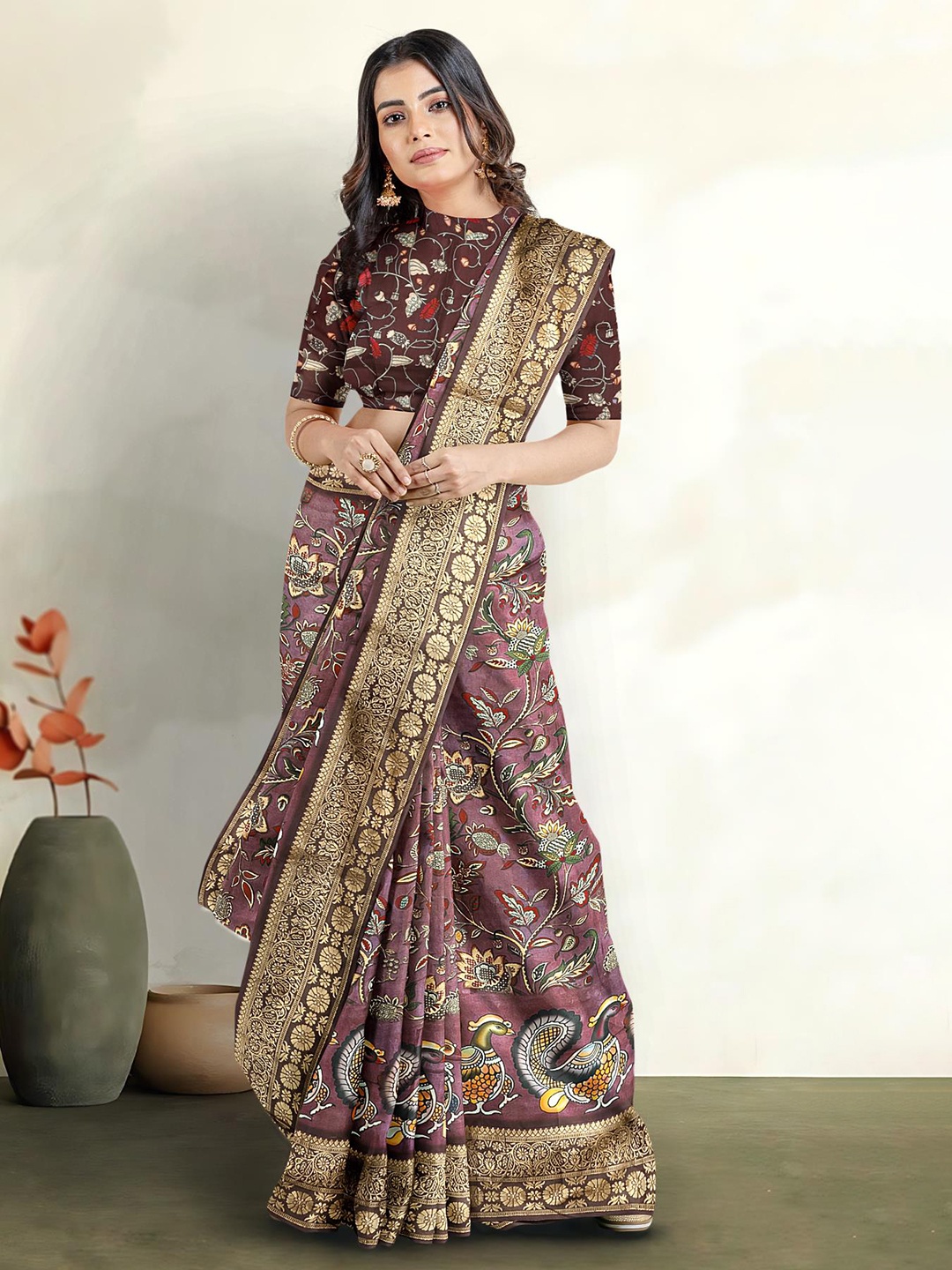 

Kalamandir Floral Printed Zari Silk Blend Saree, Purple