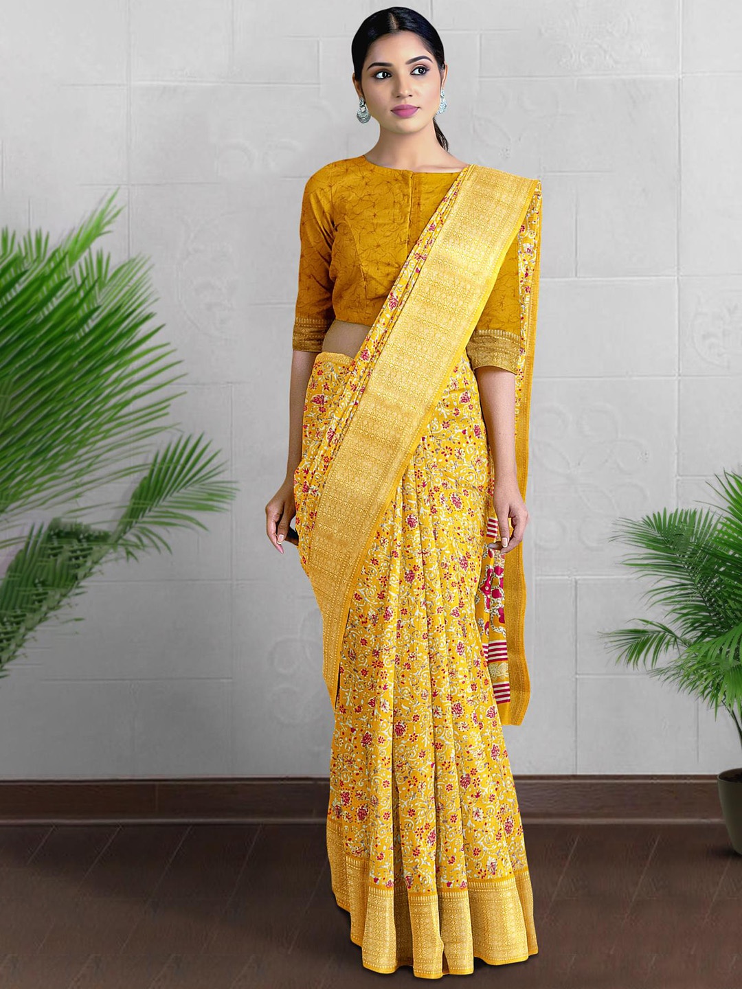 

Kalamandir Floral Printed Zari Saree, Yellow