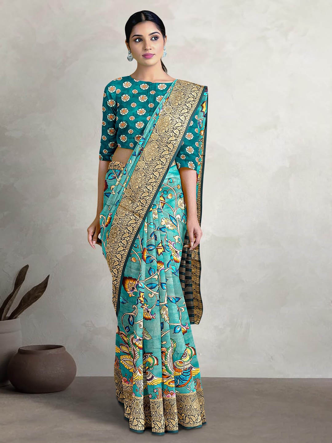 

Kalamandir Kalamkari Printed Silk Blend Saree, Blue