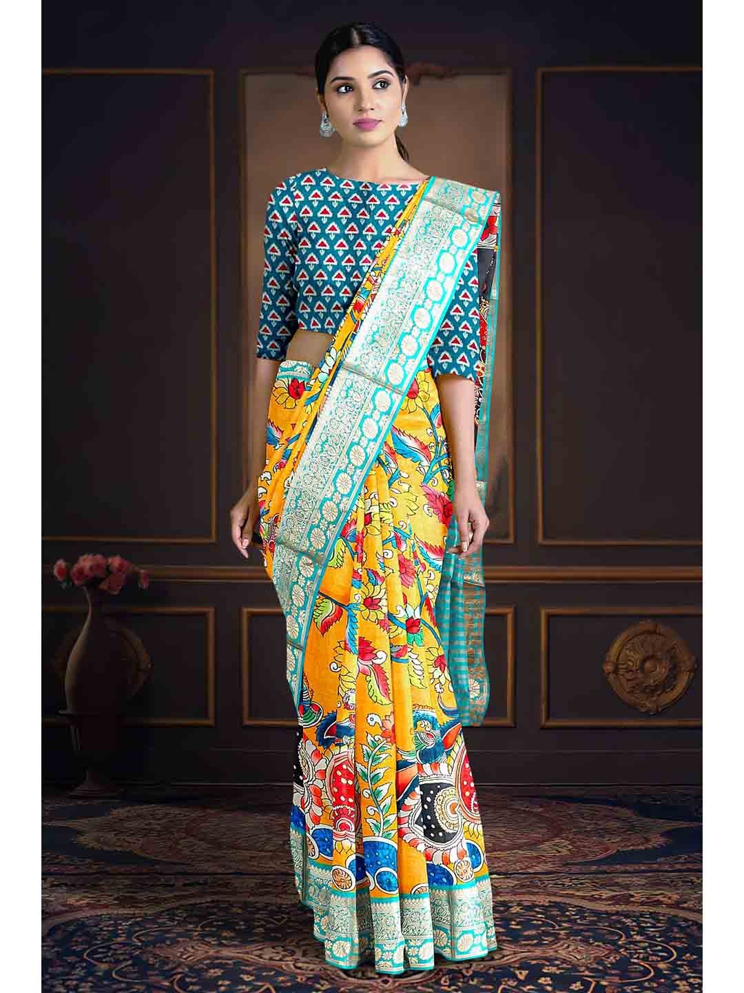 

Kalamandir Kalamkari Printed Silk Blend Saree, Orange