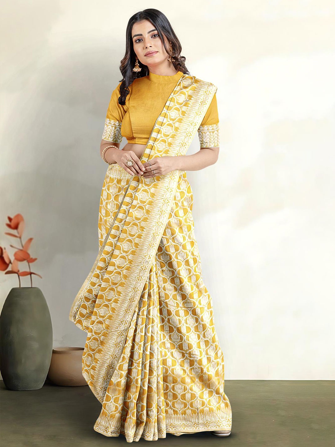 

Kalamandir Floral Woven Design Zari Saree, Mustard