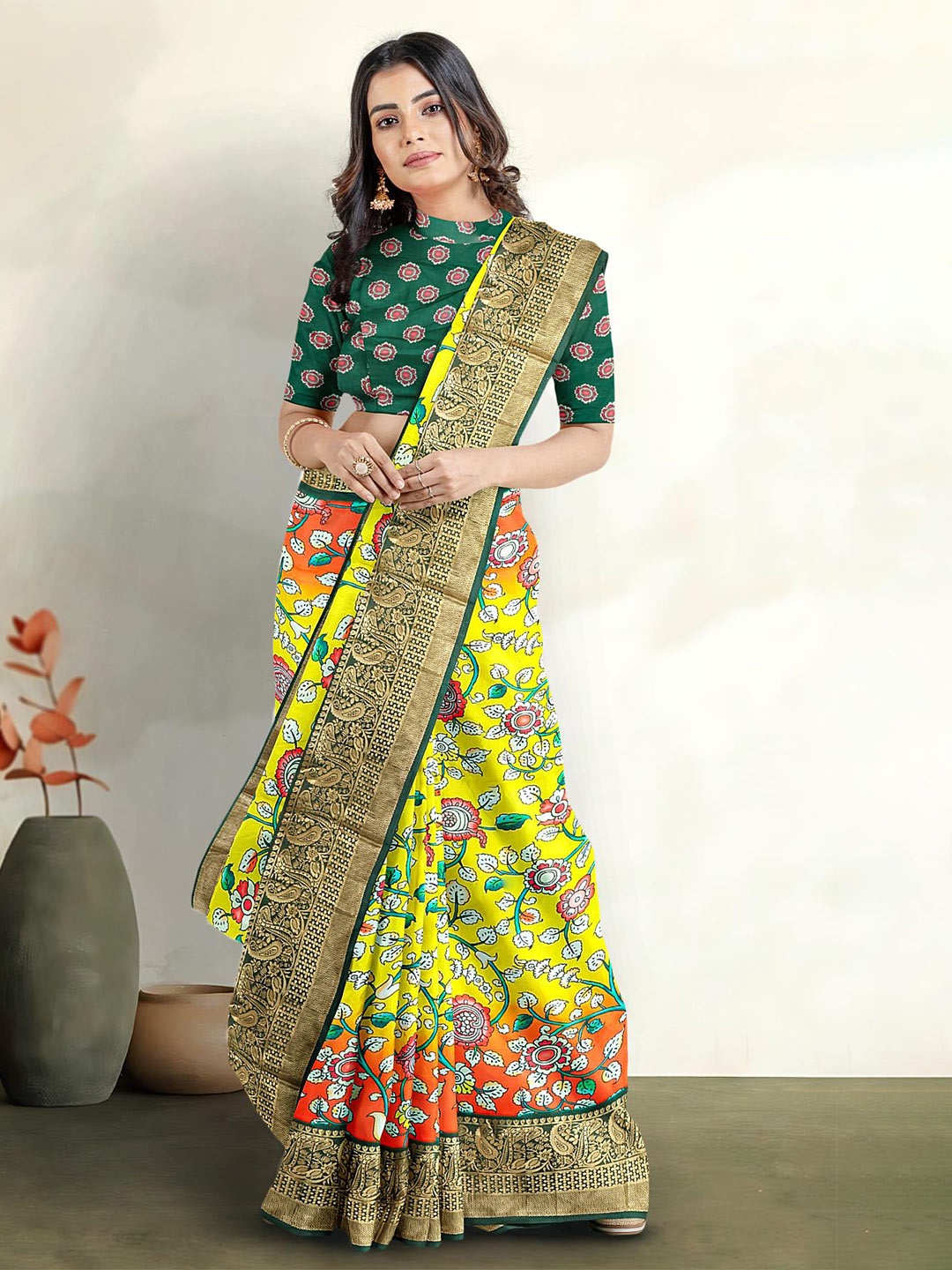 

Kalamandir Floral Printed Silk Blend Saree, Yellow
