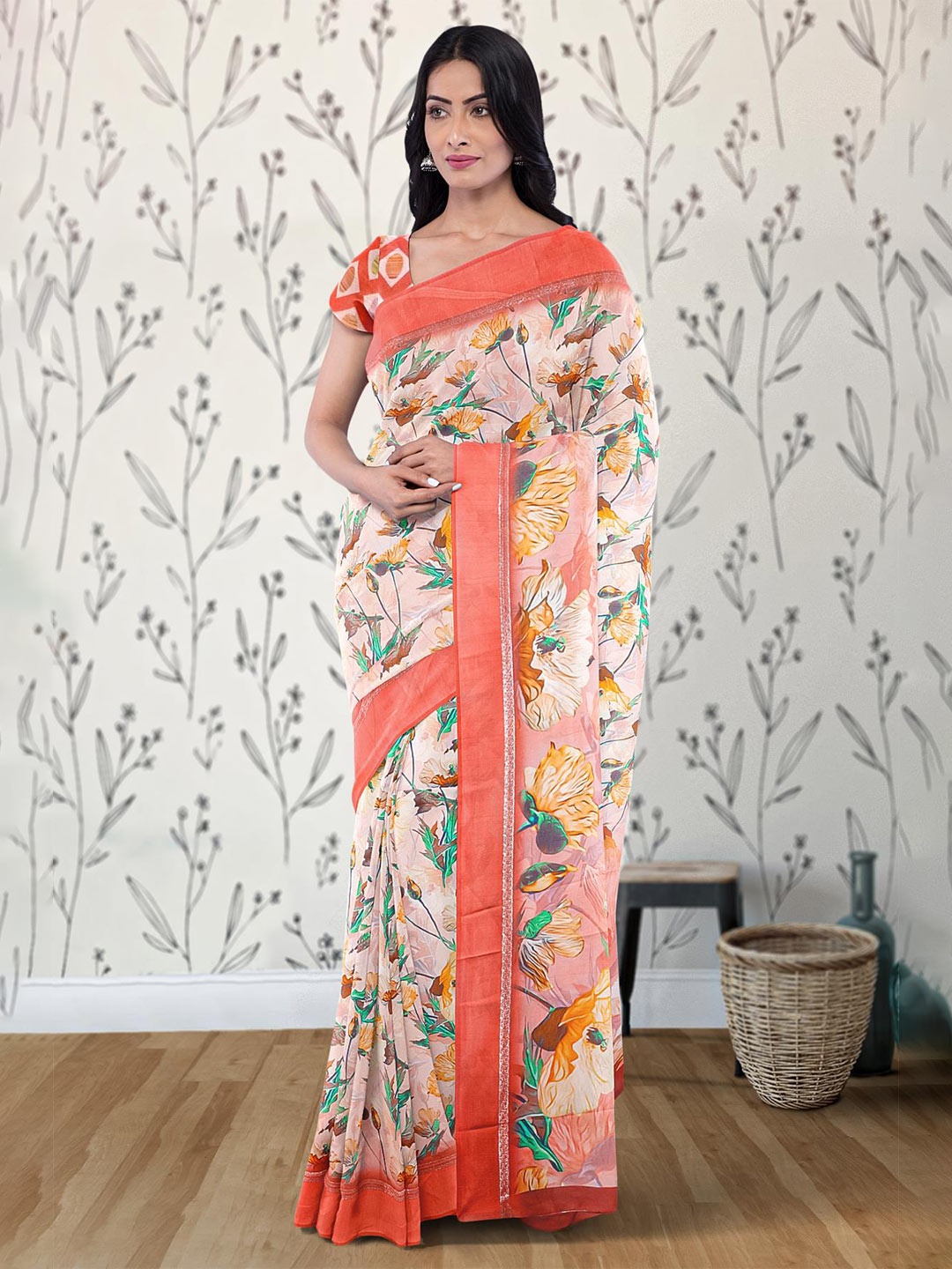 

Kalamandir Floral Printed Silk Blend Saree, Pink