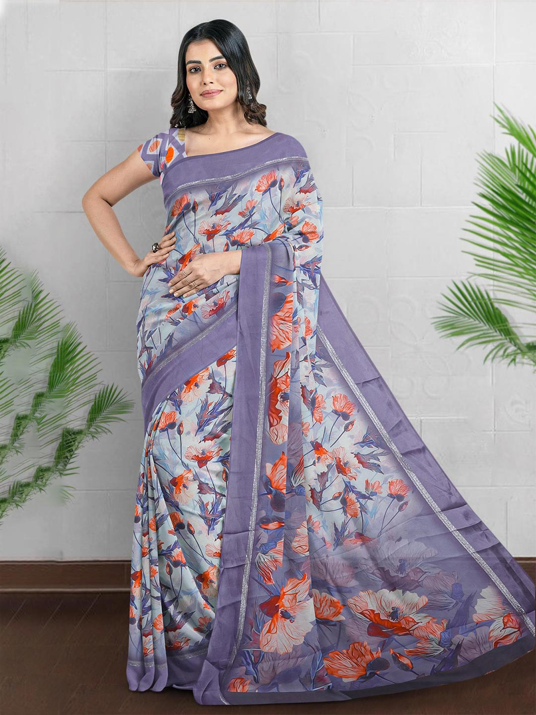 

Kalamandir Floral Printed Silk Blend Saree, Grey