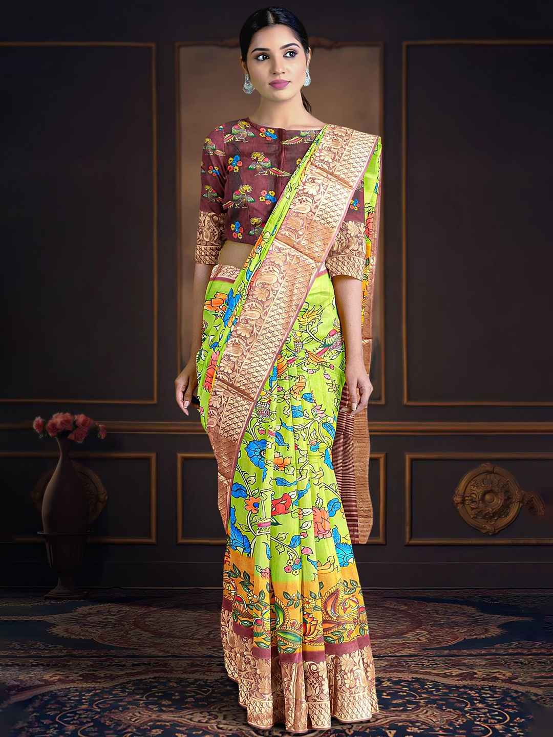 

Kalamandir Kalamkari Printed Silk Blend Saree, Green