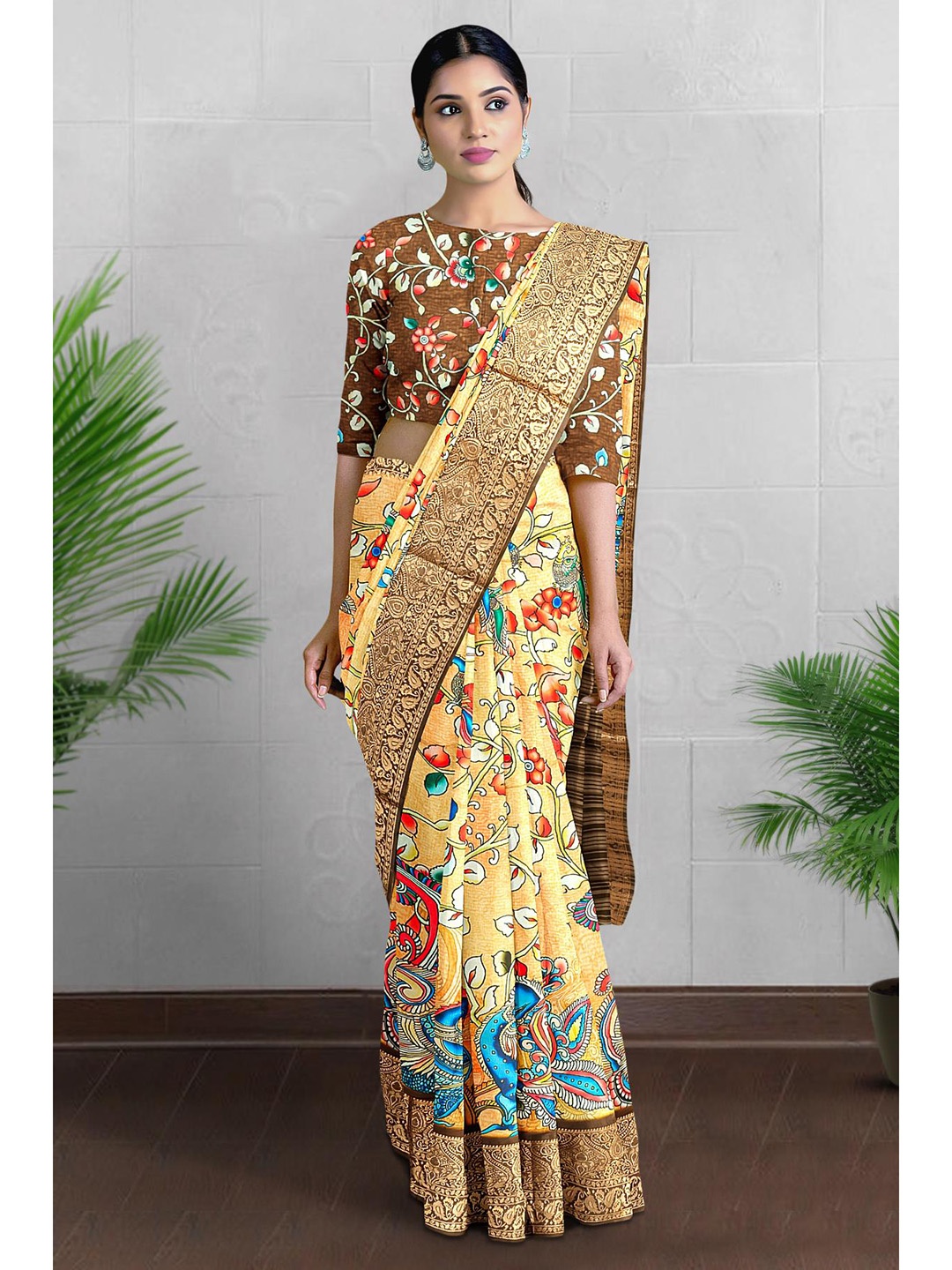 

Kalamandir Kalamkari Printed Zari Silk Blend Saree, Orange