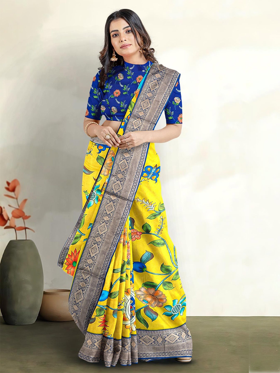 

Kalamandir Kalamkari Printed Silk Blend Saree, Yellow
