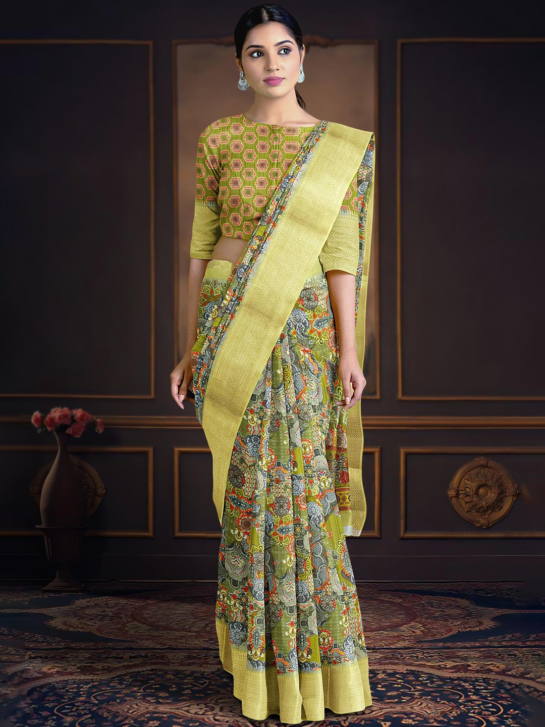 

Kalamandir Floral Printed Zari Silk Blend Saree, Green