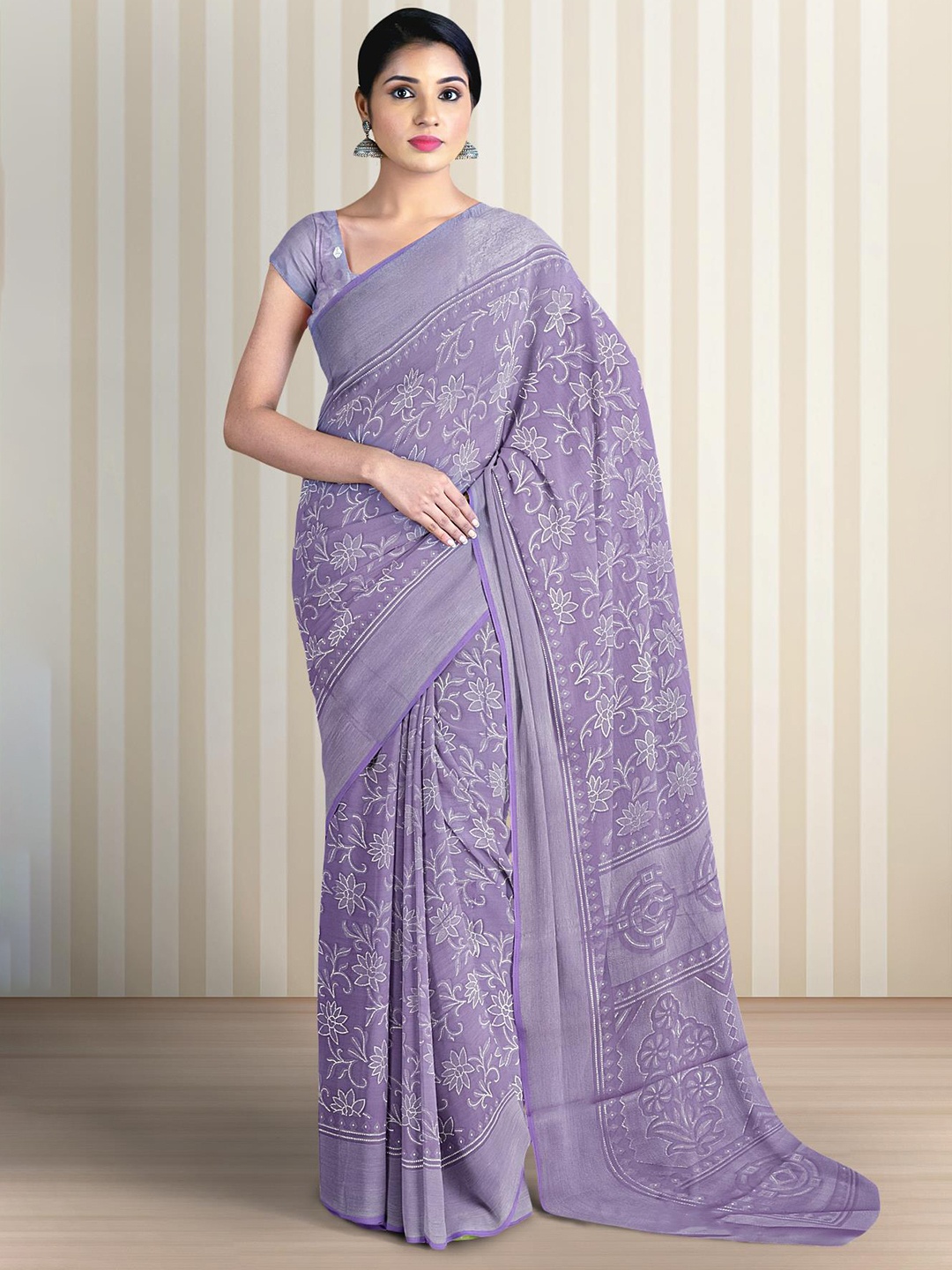 

Kalamandir Floral Printed Silk Blend Saree, Lavender