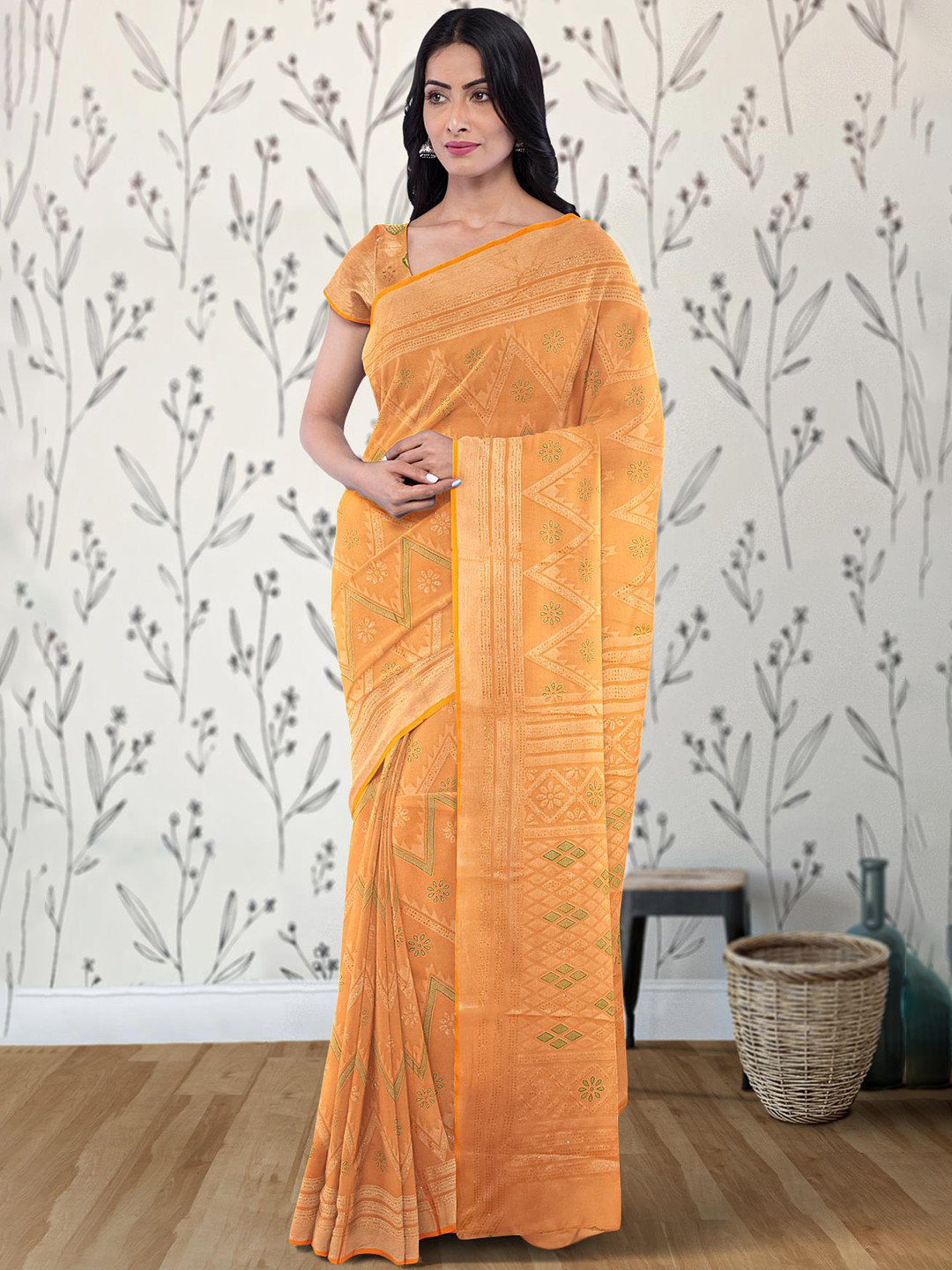 

Kalamandir Geometric Printed & Embellished Silk Blend Saree, Orange