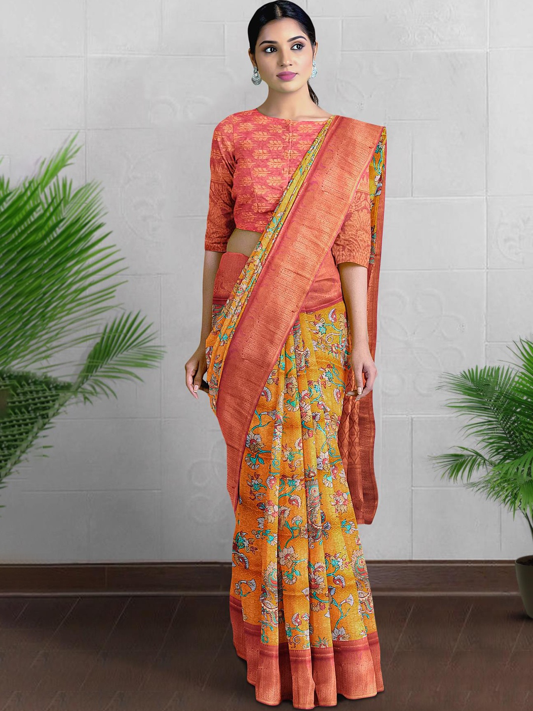 

Kalamandir Floral Printed Woven Design Border Silk Blend Saree, Mustard