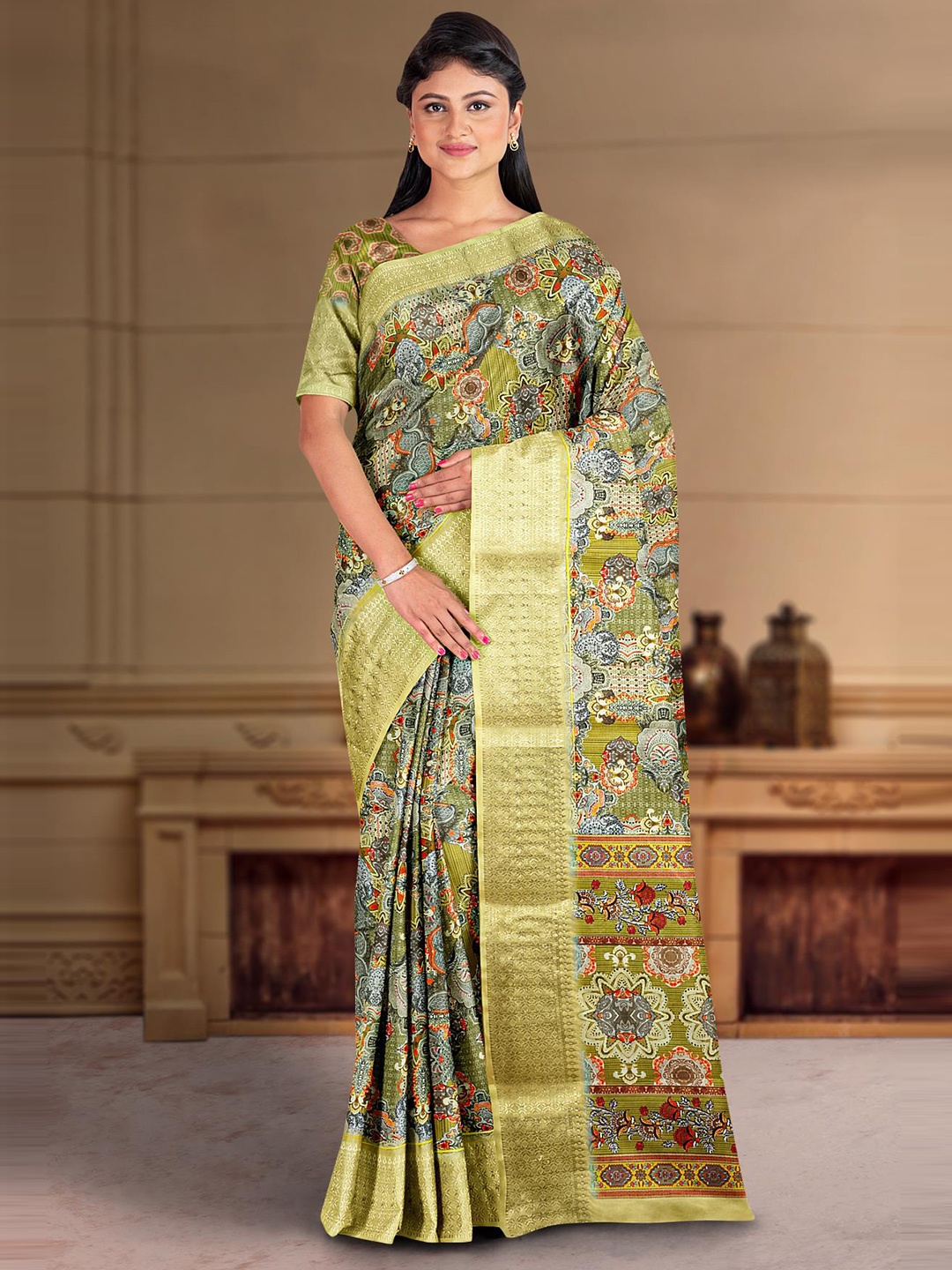 

Kalamandir Floral Printed Zari Saree, Green