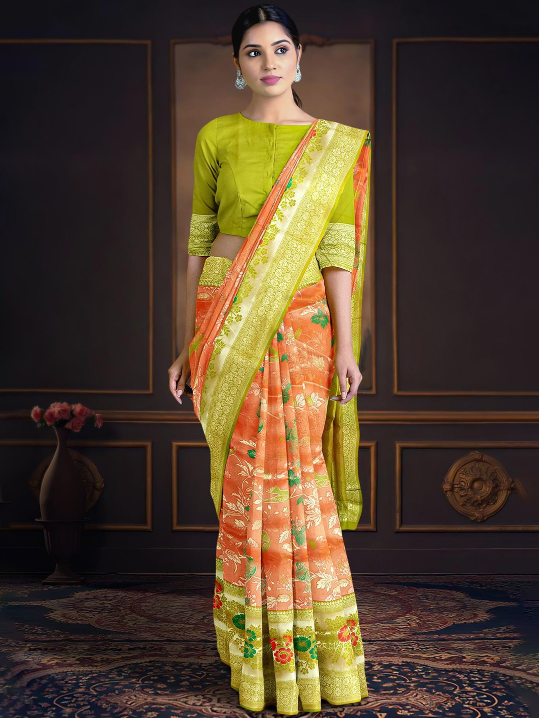 

Kalamandir Orange & Green Woven Design Zari Silk Blend Saree