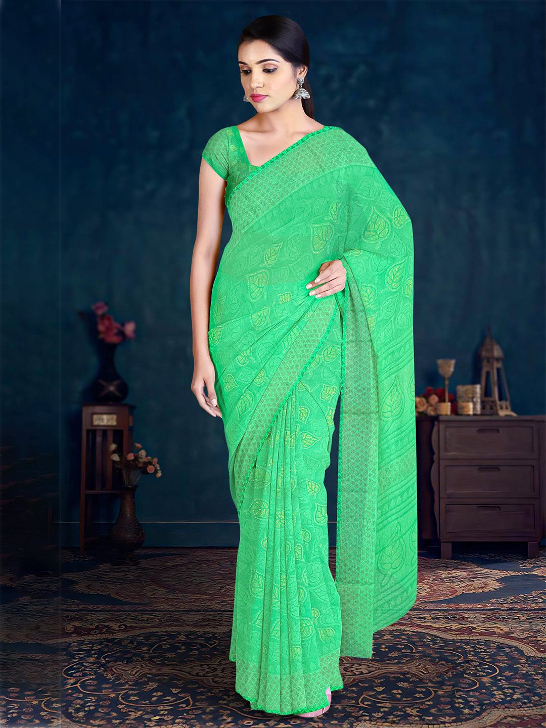 

Kalamandir Floral Printed Silk Blend Saree, Sea green