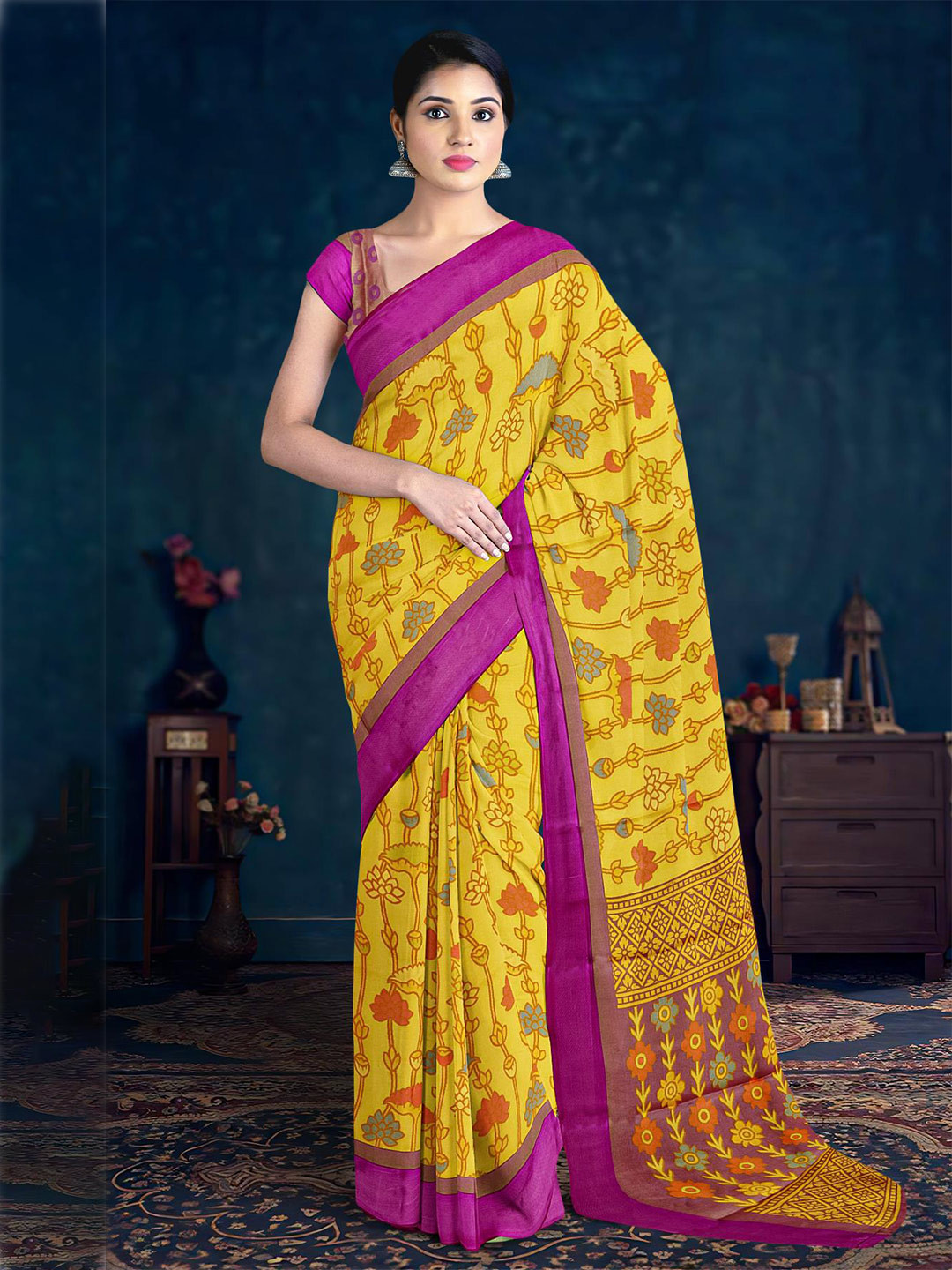 

Kalamandir Floral Printed Brasso Saree, Yellow