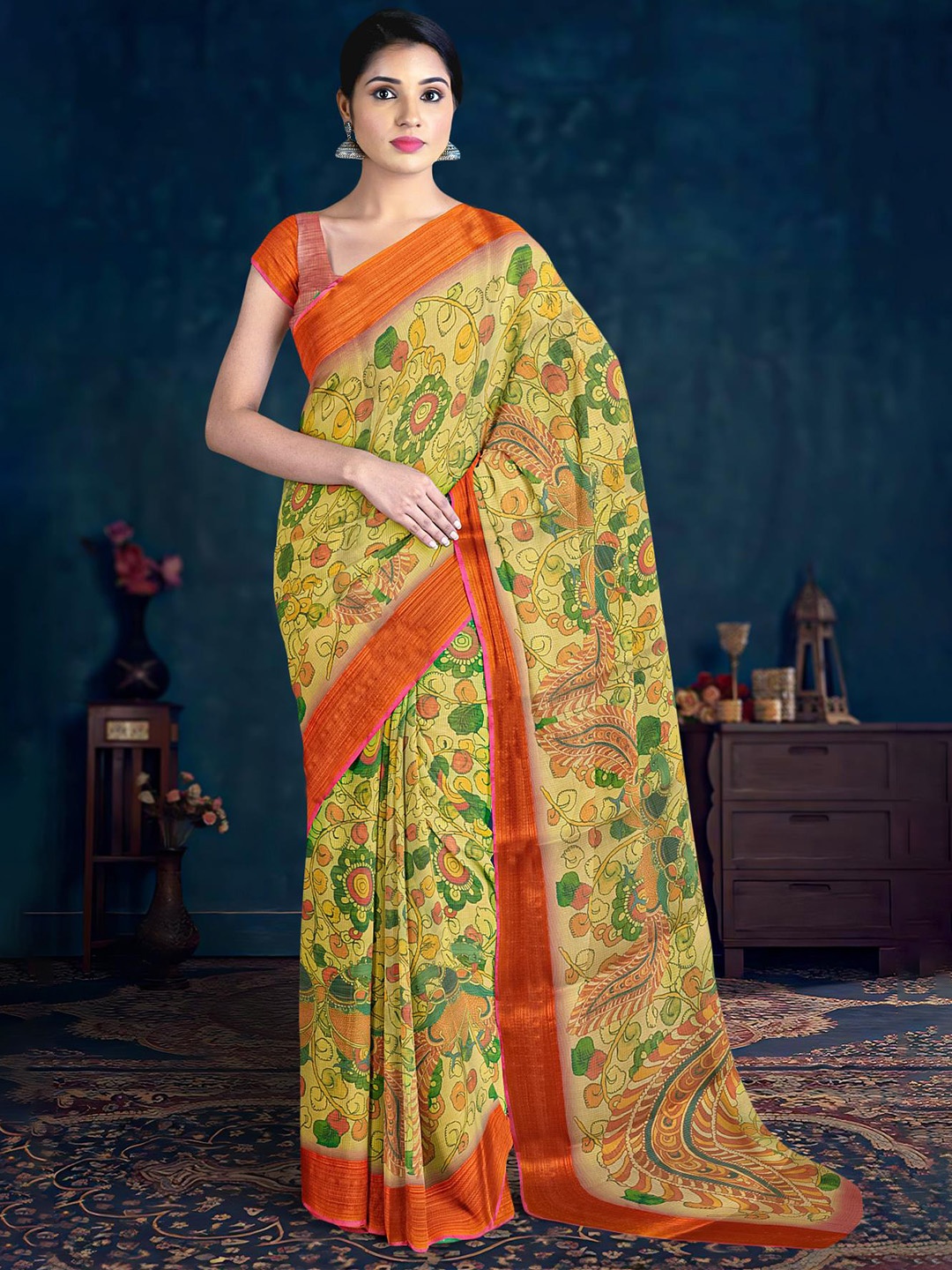 

Kalamandir Kalamkari Printed Silk Blend Saree, Beige