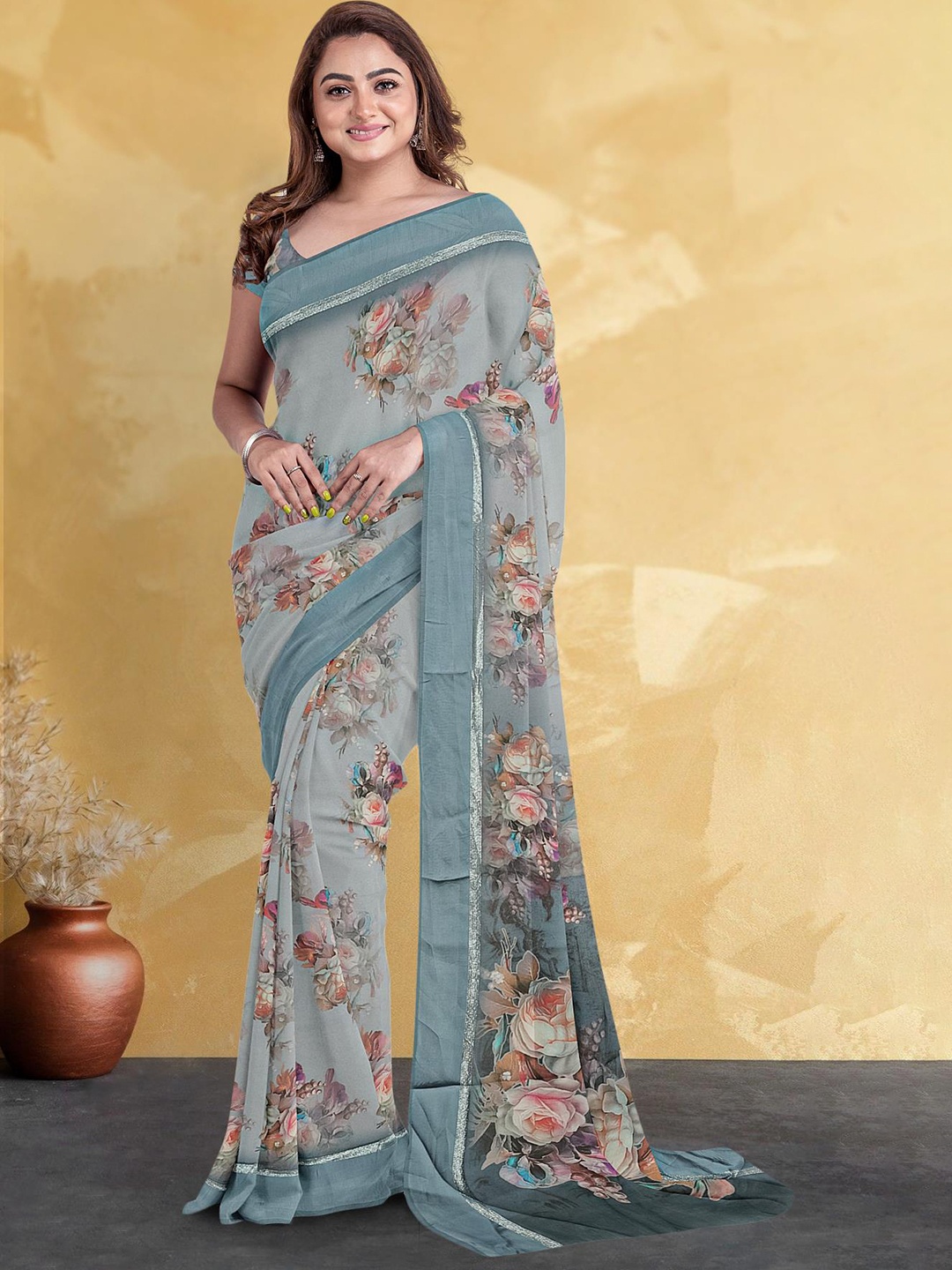 

Kalamandir Floral Printed Silk Blend Saree, Grey