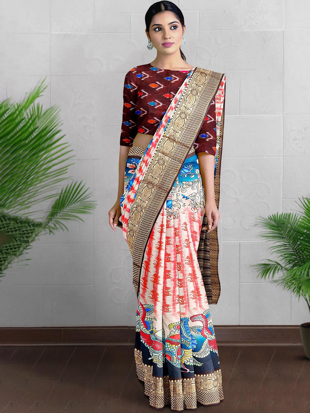 

Kalamandir Kalamkari Printed Zari Silk Blend Saree, Red