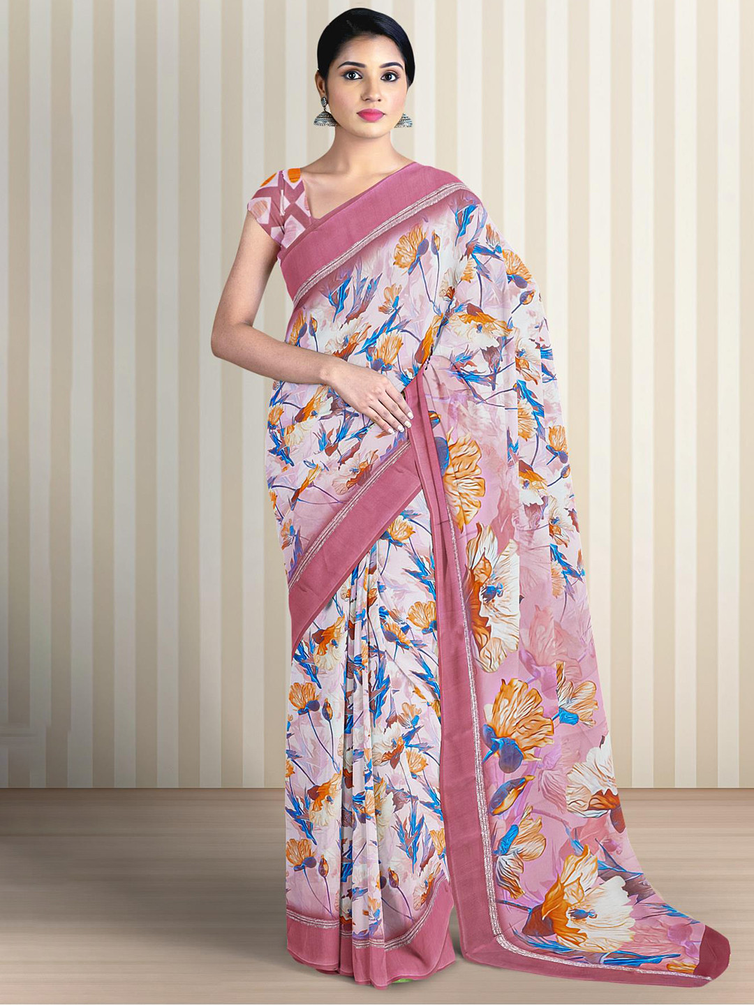

Kalamandir Floral Printed Silk Blend Saree, Pink