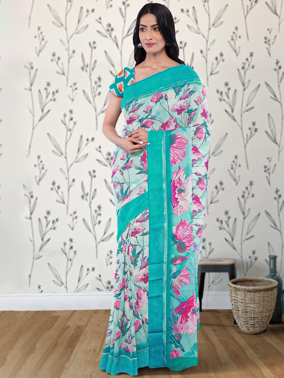 

Kalamandir Floral Printed Silk Blend Saree, Teal