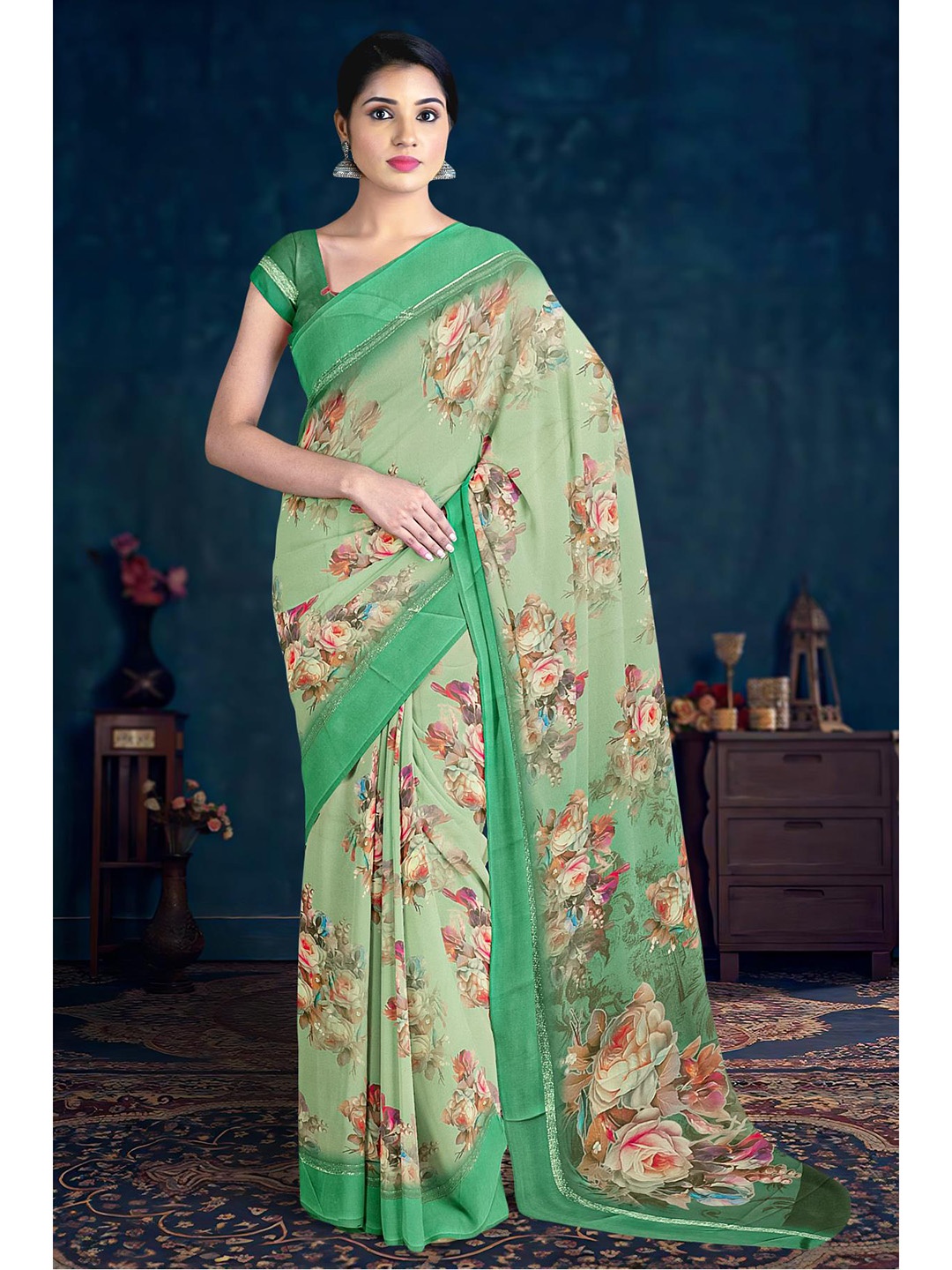 

Kalamandir Floral Printed Silk Blend Saree, Olive
