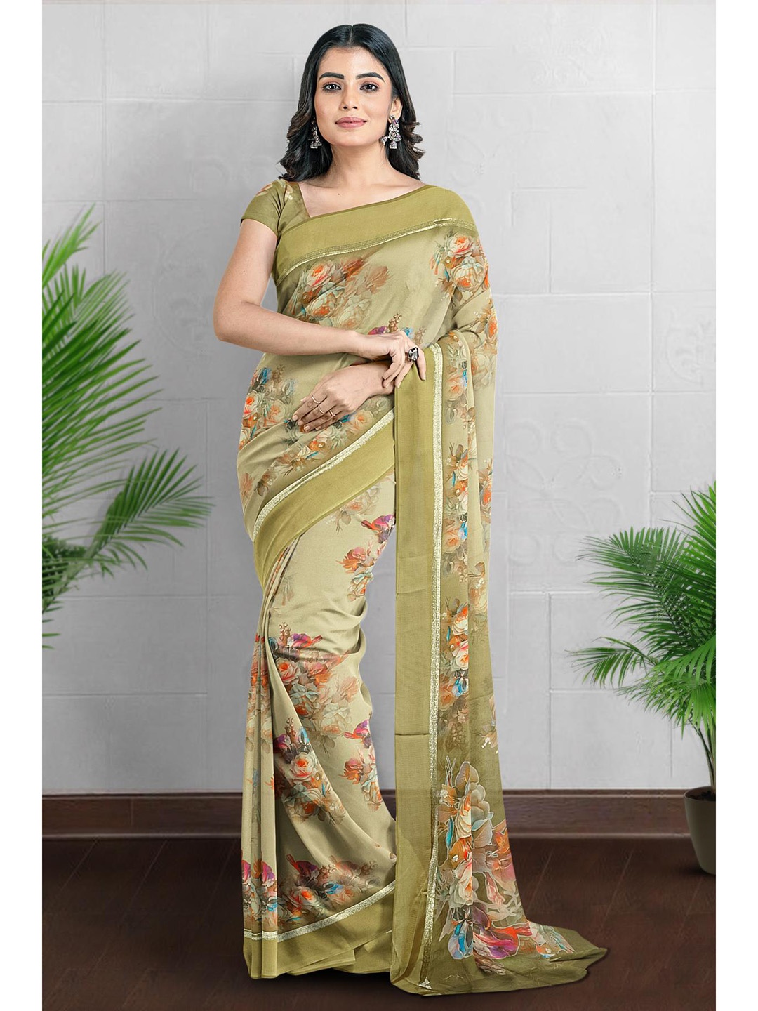

Kalamandir Floral Printed Silk Blend Saree, Olive