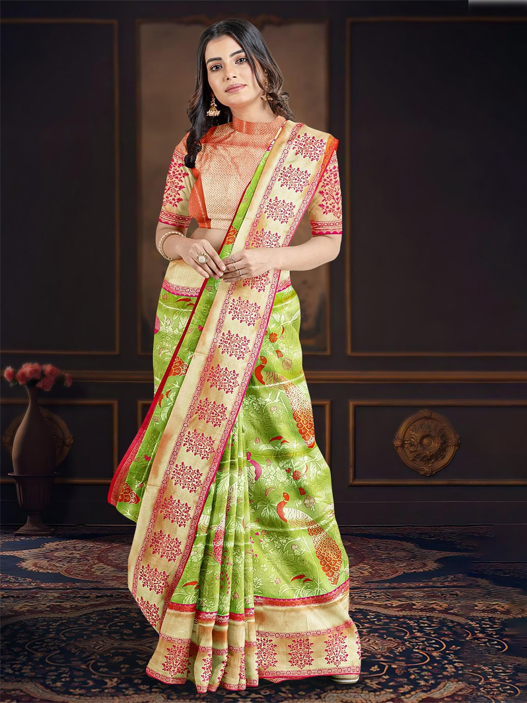 

Kalamandir Floral Printed Zari Saree, Green