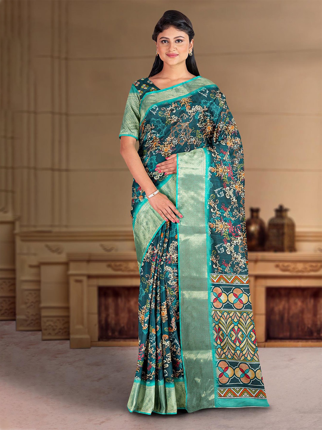 

Kalamandir Floral Printed Zari Silk Blend Saree, Blue