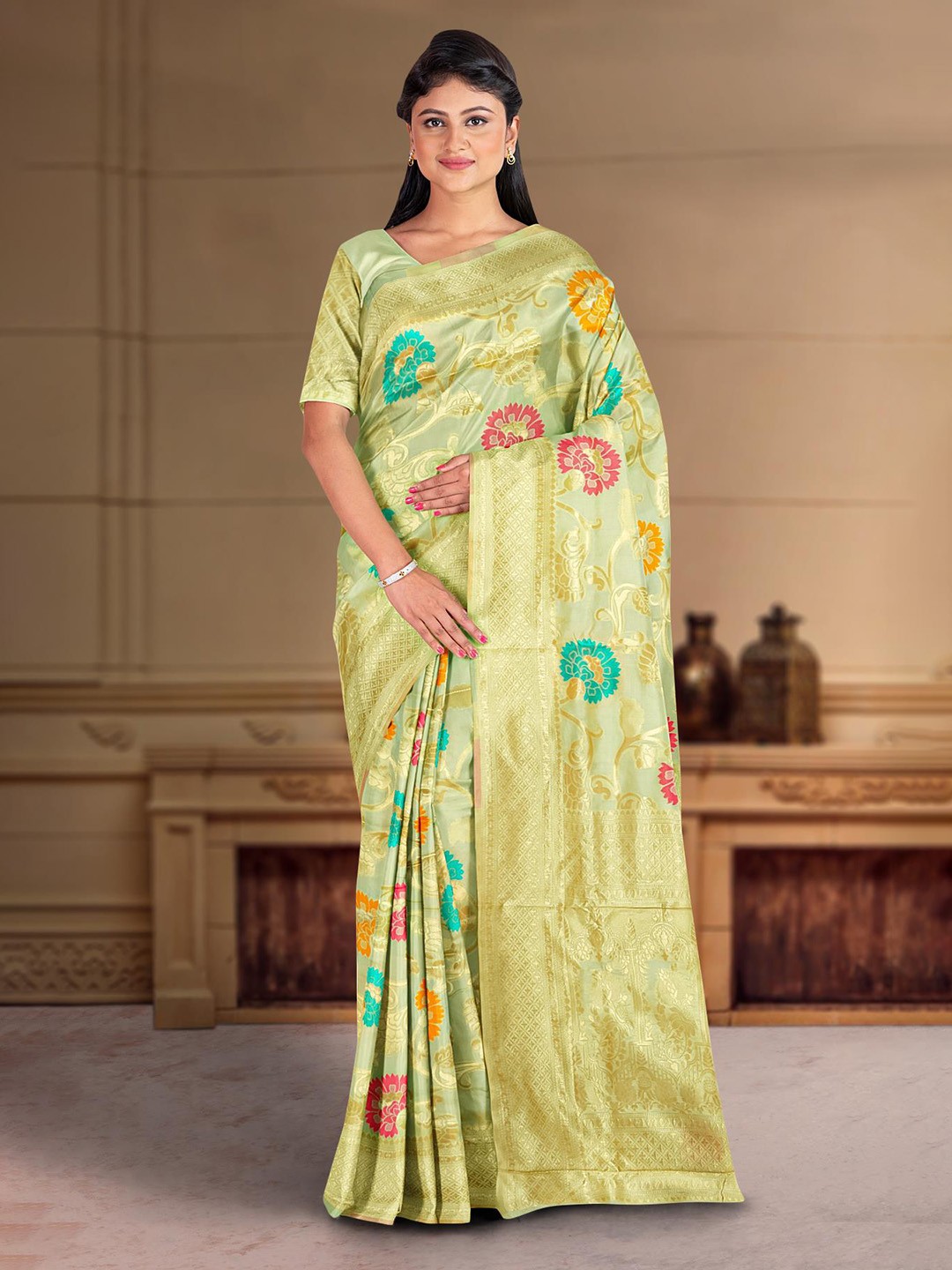 

Kalamandir Floral Woven Design Zari Saree, Green