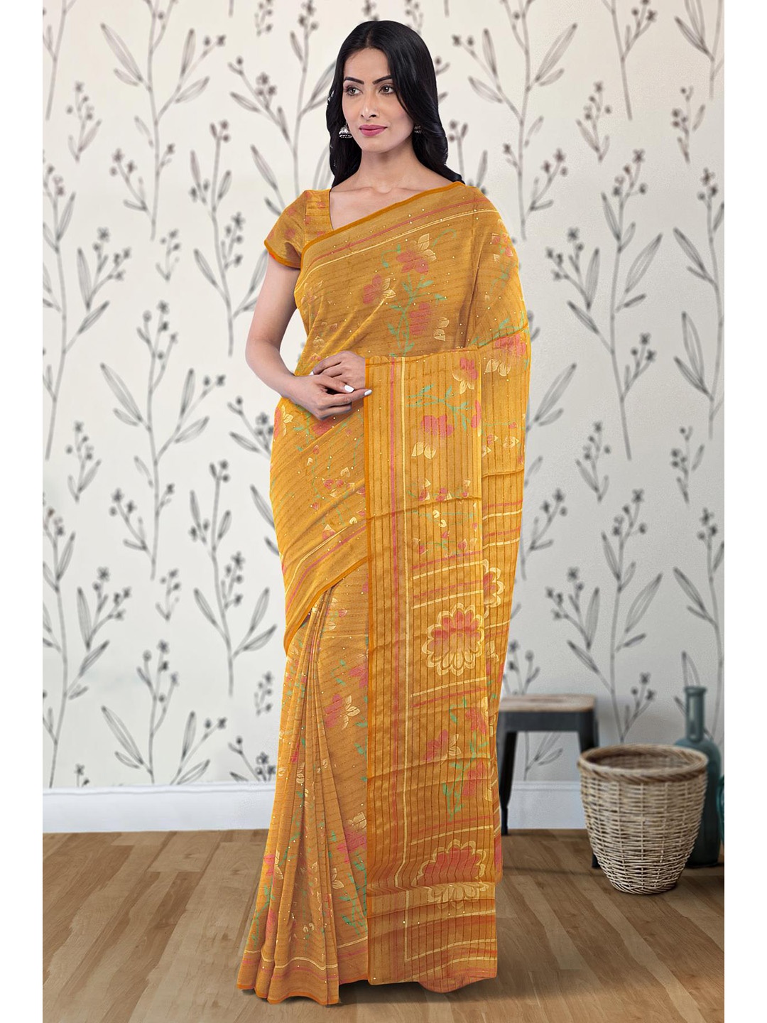 

Kalamandir Floral Printed Silk Blend Saree, Mustard