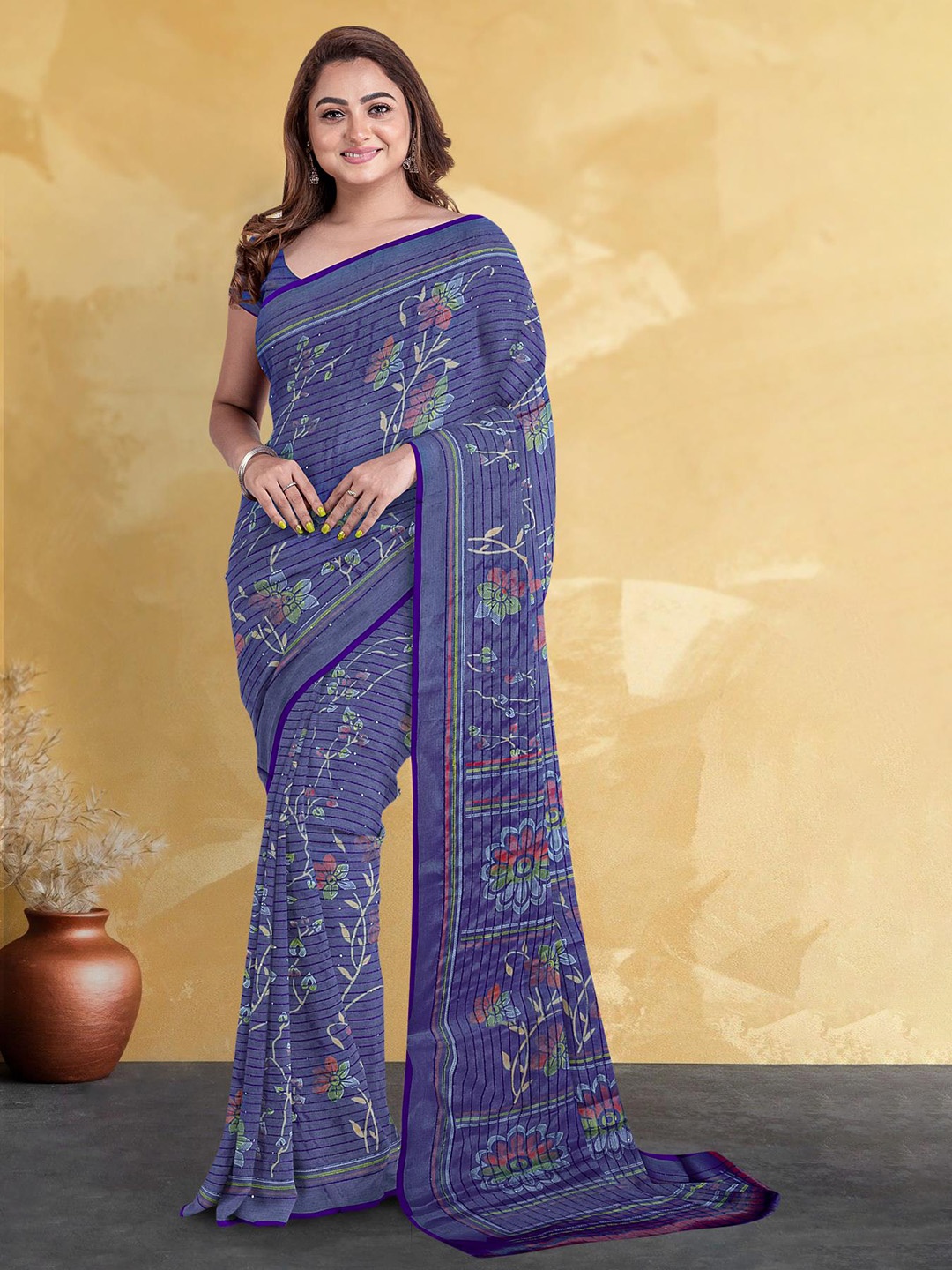

Kalamandir Floral Printed Silk Blend Saree, Blue