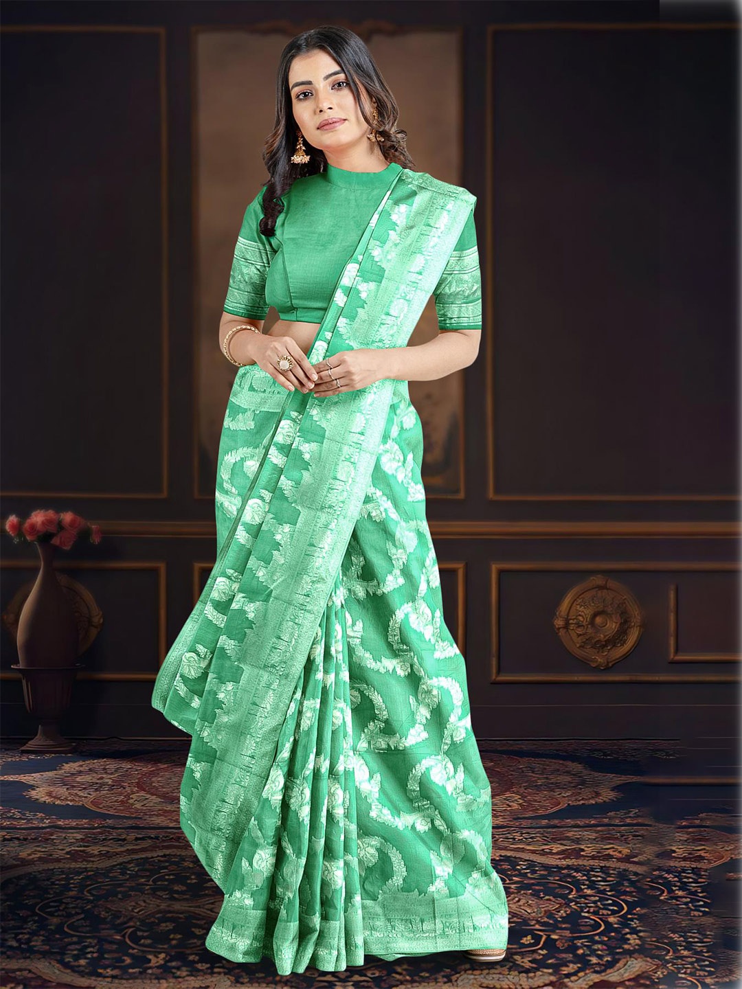 

Kalamandir Floral Woven Design Zari Saree, Sea green