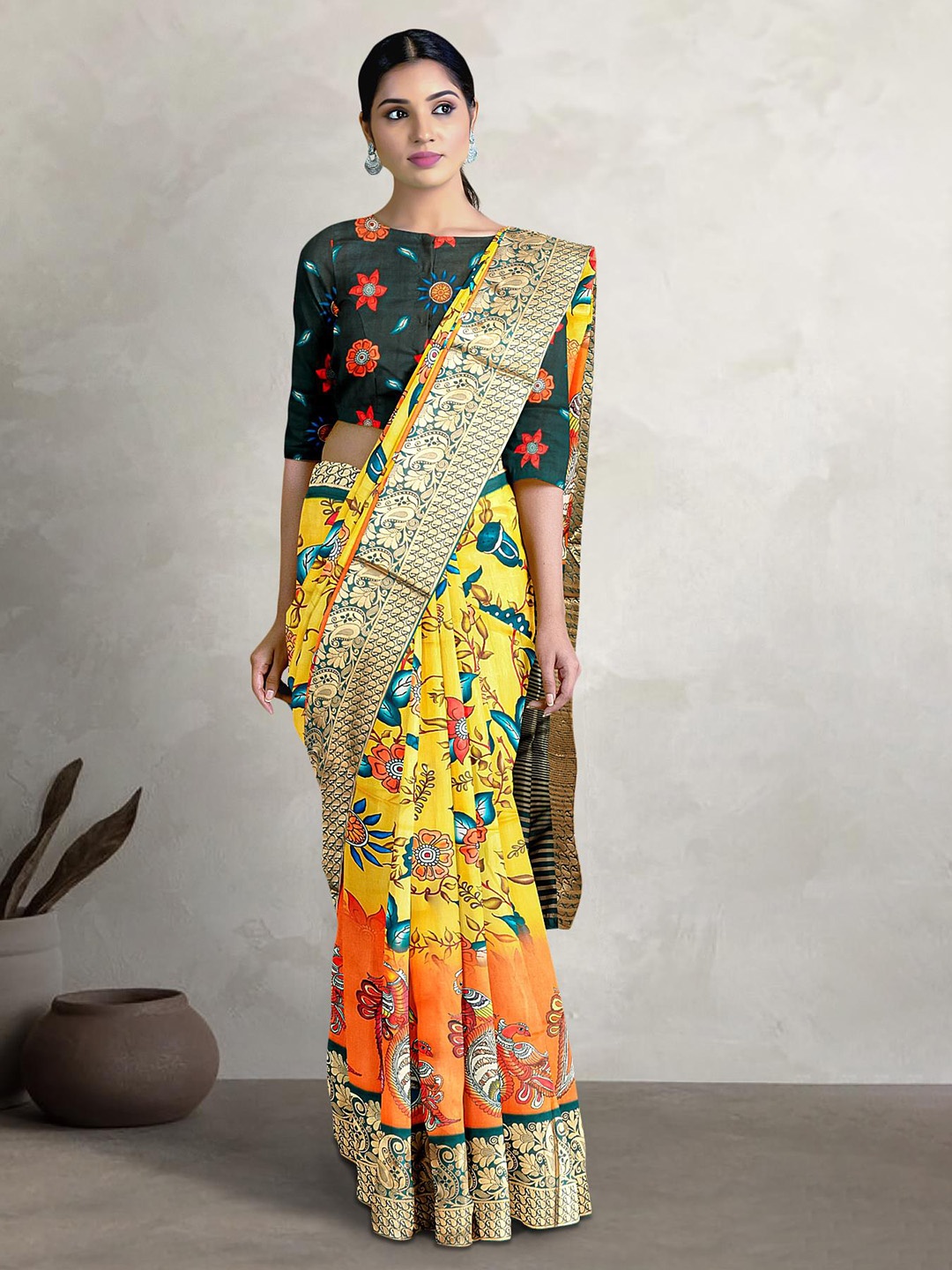 

Kalamandir Ethnic Motifs Printed Zari Silk Blend Saree, Yellow